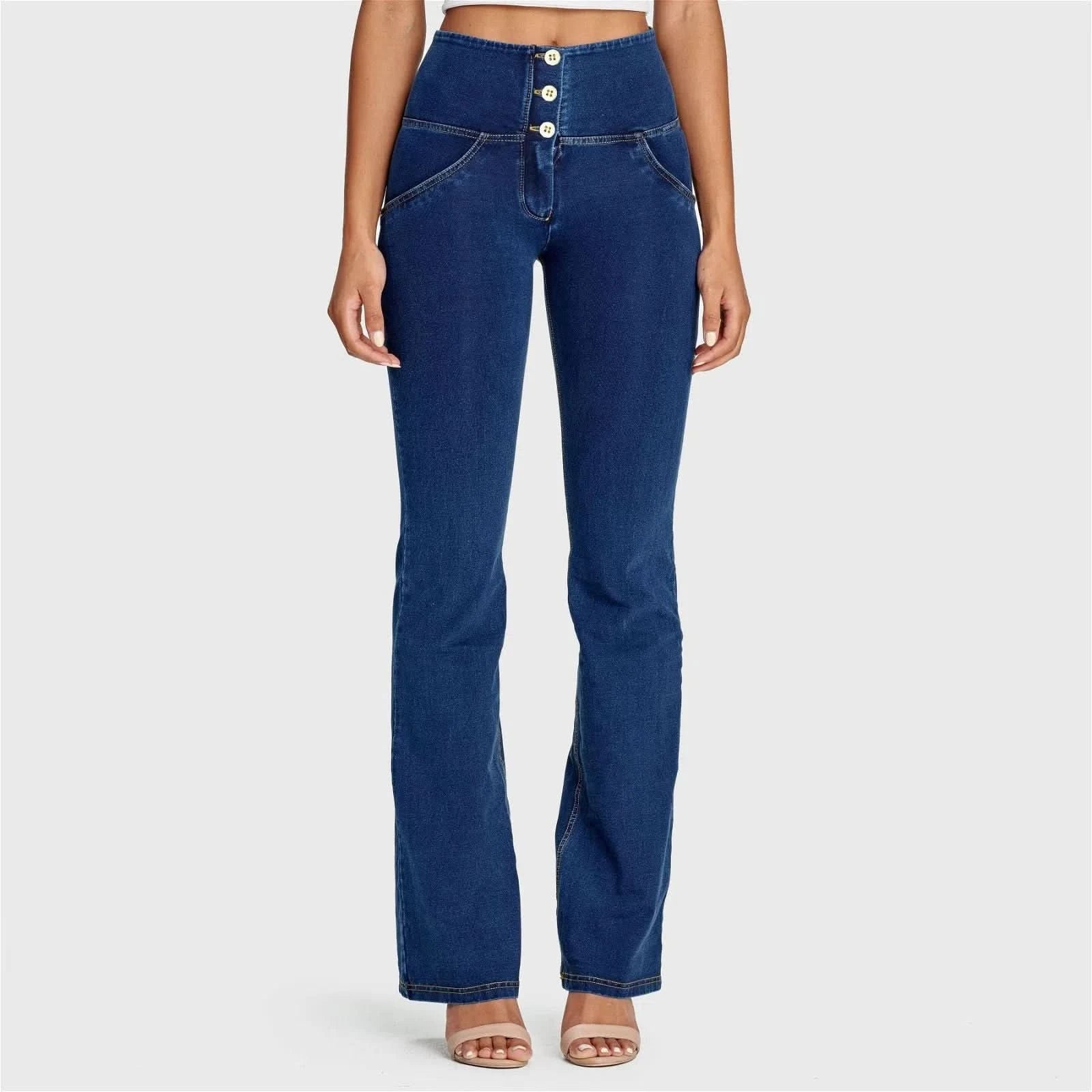 WRUP Denim - High Waisted - Bell Bottom Flare - Dark Blue + Yellow Stitching - Image 5