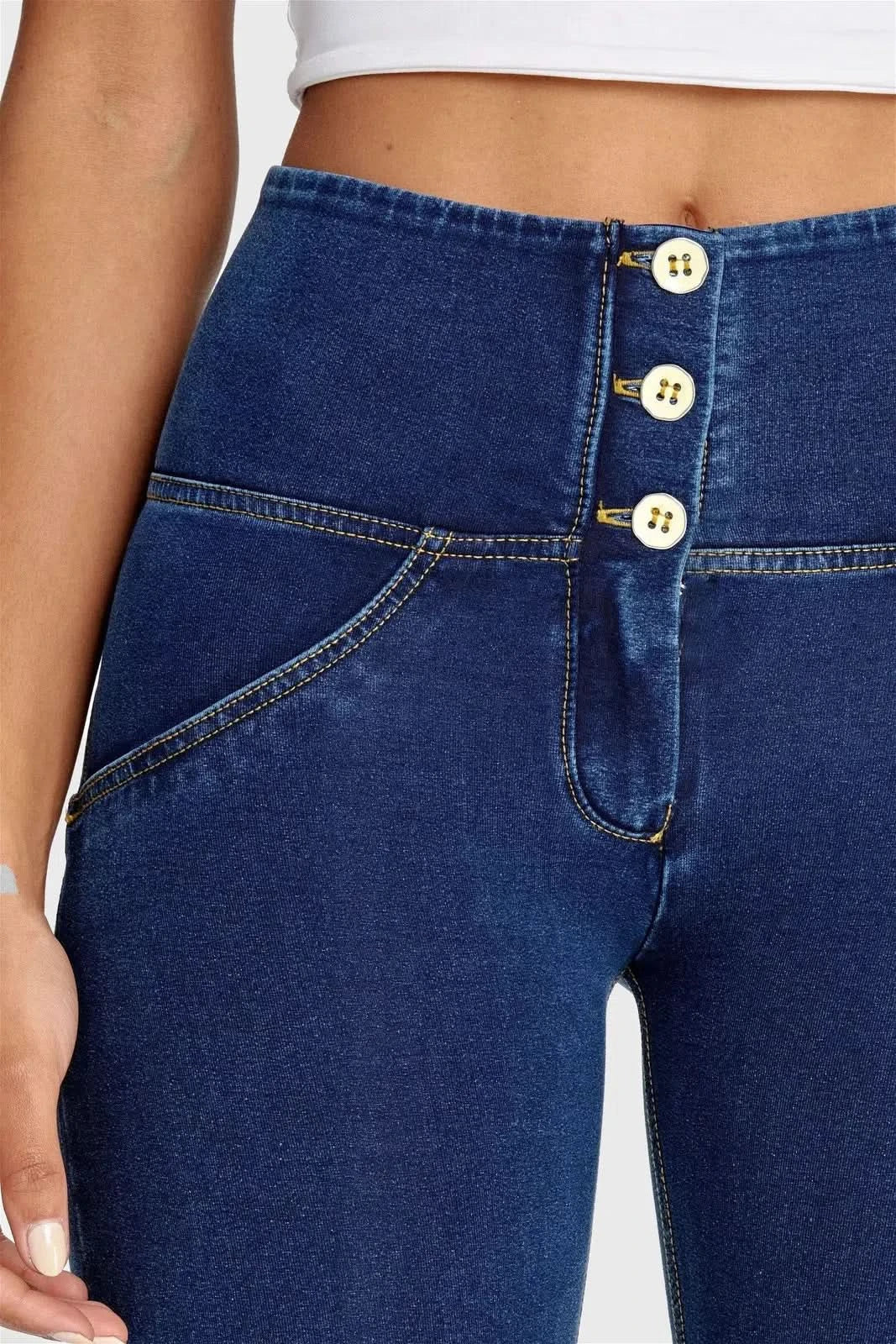WRUP Denim - High Waisted - Bell Bottom Flare - Dark Blue + Yellow Stitching - Image 9