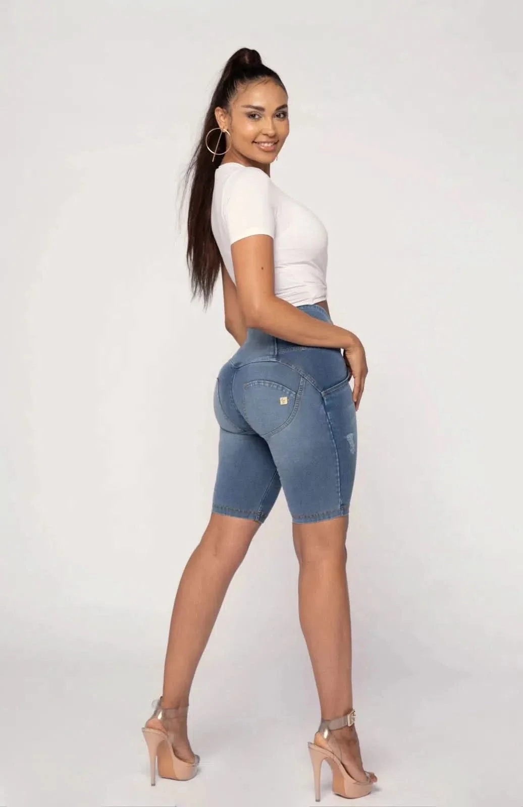 WRUP Distressed Denim - High Waisted - Biker Shorts - Light Blue + Yellow Stitching - Image 6