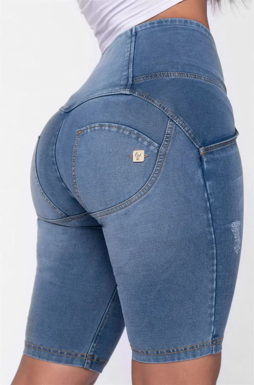 WRUP Distressed Denim - High Waisted - Biker Shorts - Light Blue + Yellow Stitching - Image 9