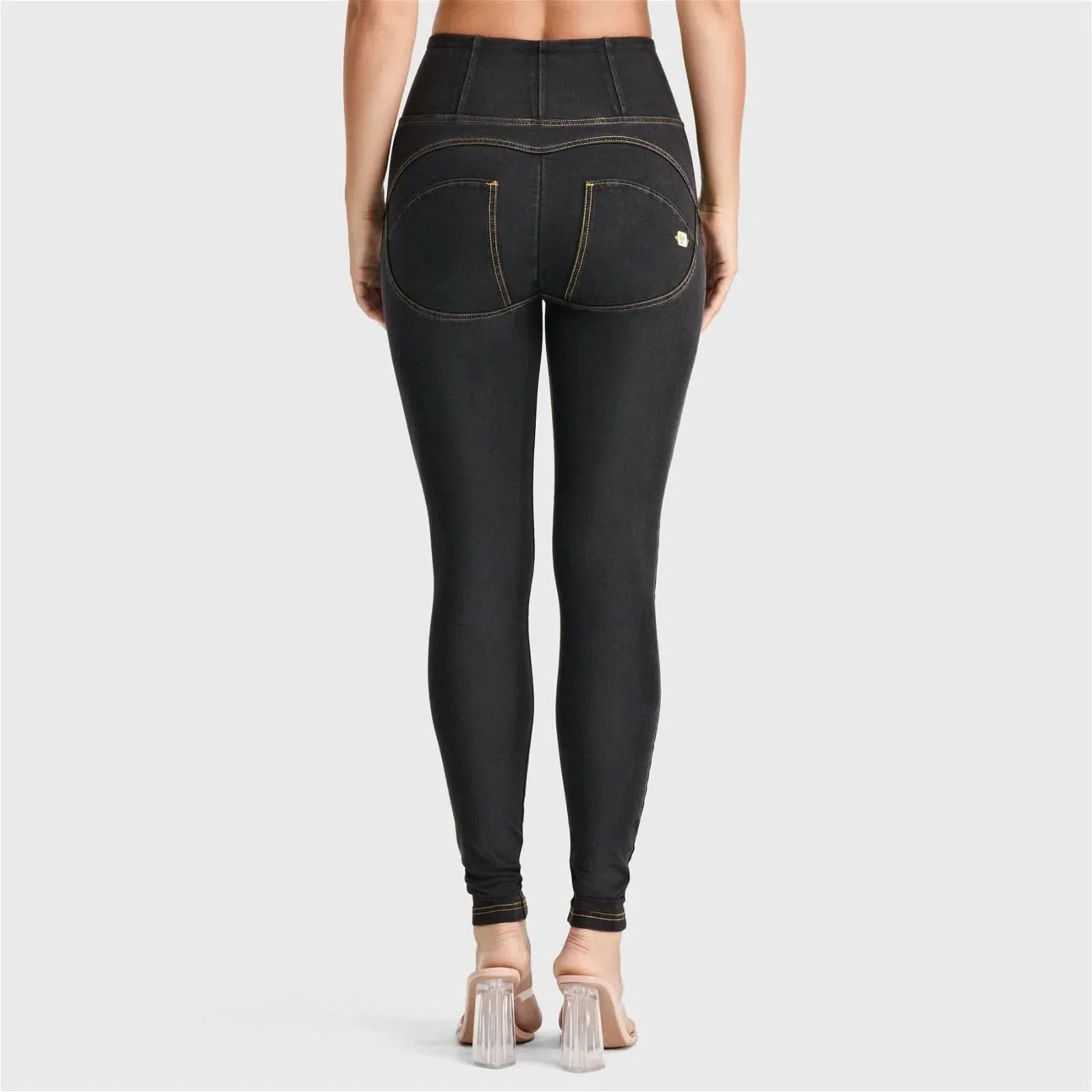 WRUP Denim - High Waisted - Full Length - Black + Yellow Stitching - Image 2