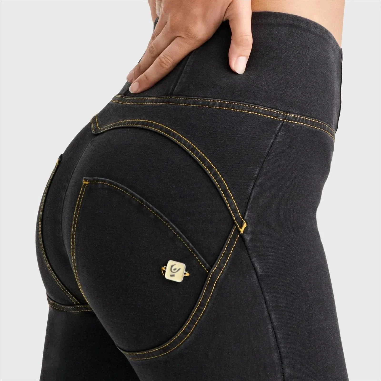 WRUP Denim - High Waisted - Full Length - Black + Yellow Stitching - Image 6