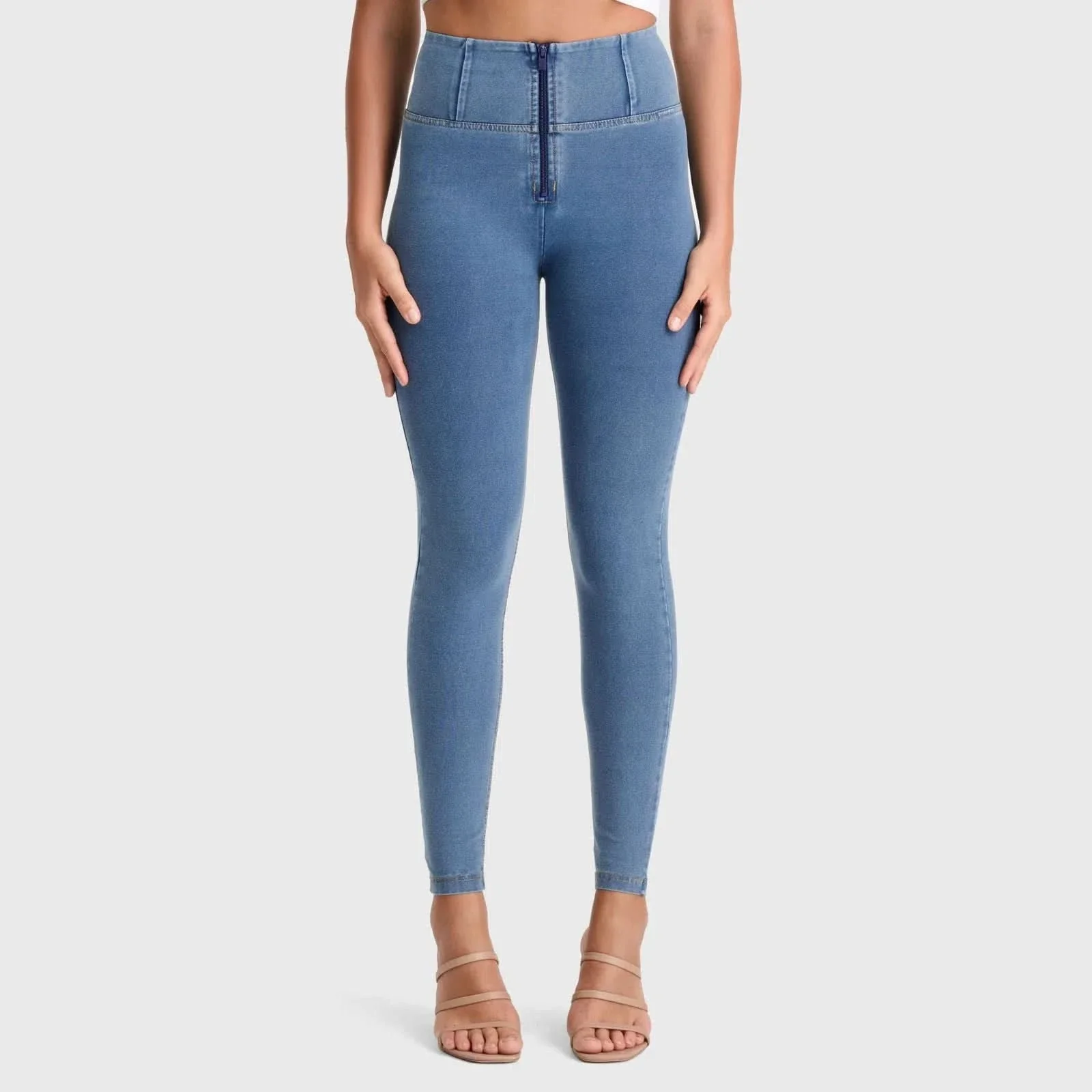 WRUP Denim - High Waisted - Full Length - Light Blue + Yellow Stitching - Image 2
