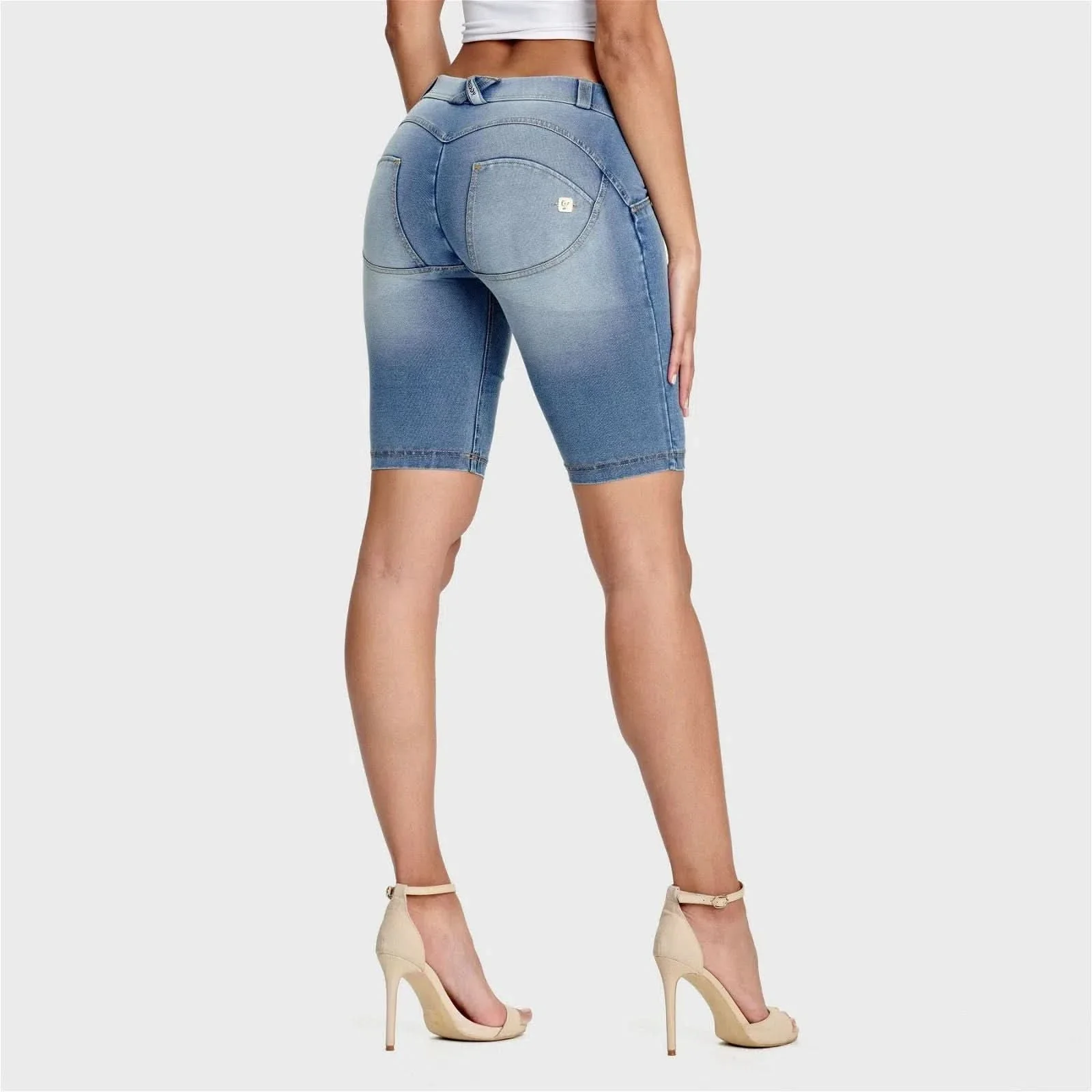 WRUP Denim - Mid Rise - Biker Shorts - Light Blue + Yellow Stitching - Image 3