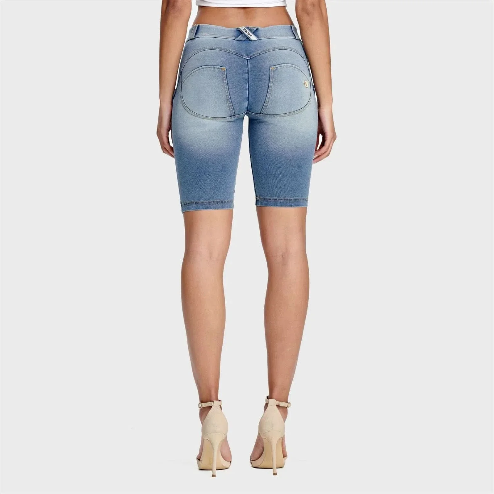 WRUP Denim - Mid Rise - Biker Shorts - Light Blue + Yellow Stitching - Image 5
