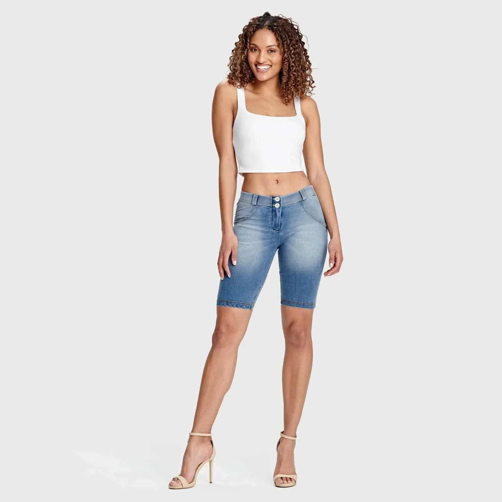 WRUP Denim - Mid Rise - Biker Shorts - Light Blue + Yellow Stitching - Image 7