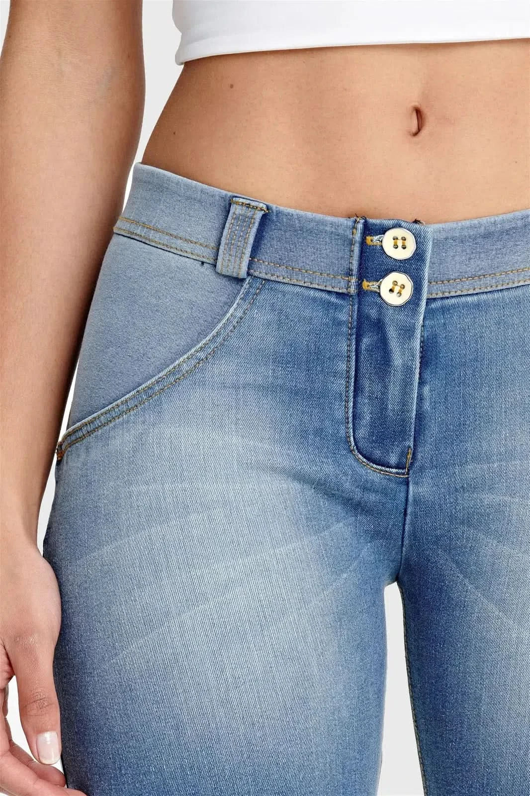 WRUP Denim - Mid Rise - Biker Shorts - Light Blue + Yellow Stitching - Image 9
