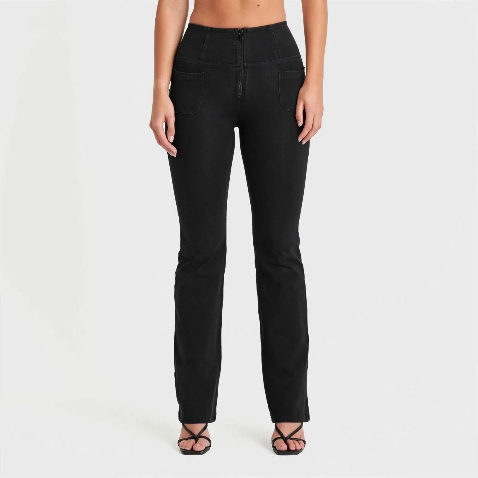 WRUP Denim with Front Pockets - Super High Waisted - Flare - Black + Black Stitching - Image 11