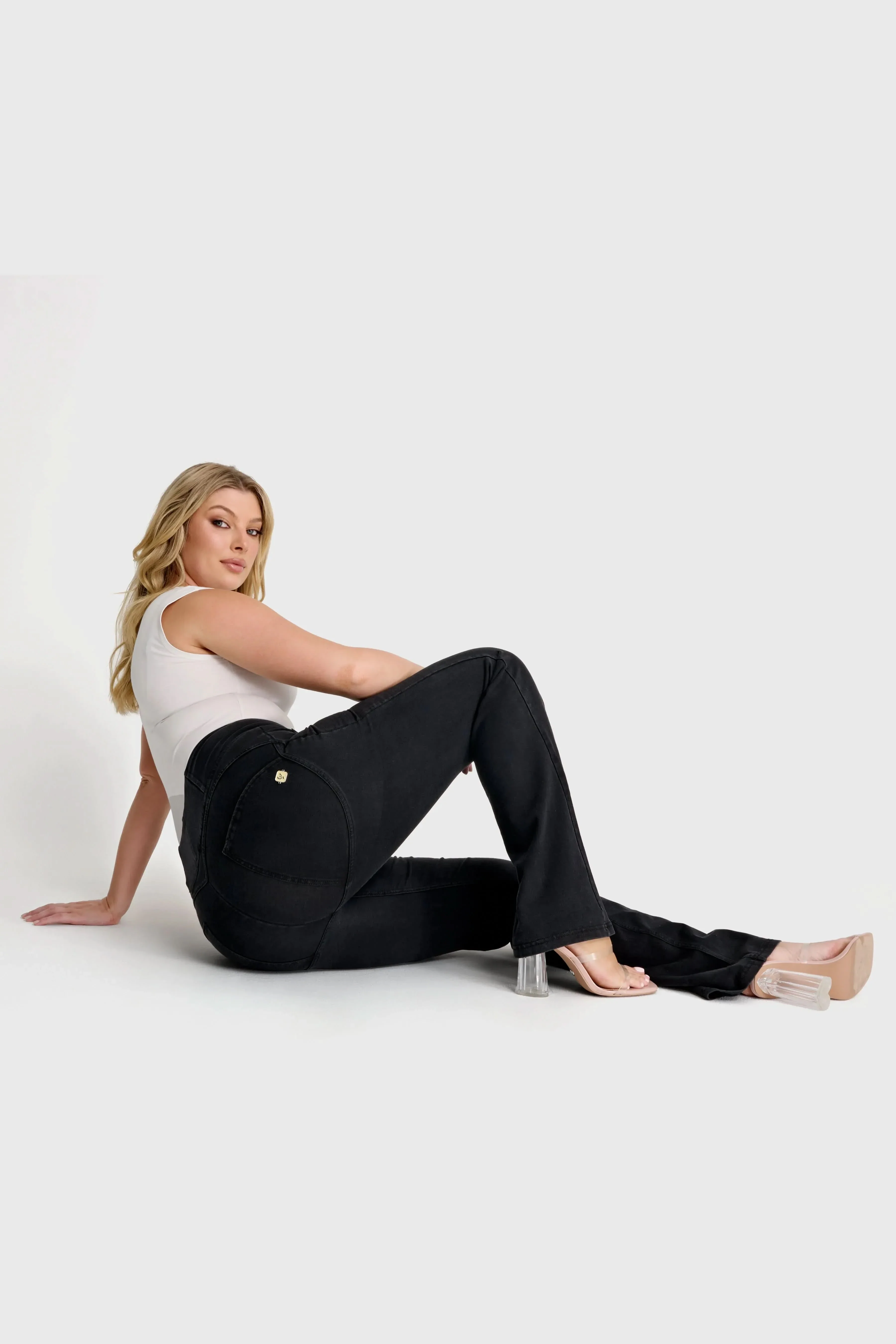 WRUP Denim with Front Pockets - Super High Waisted - Flare - Black + Black Stitching - Image 3