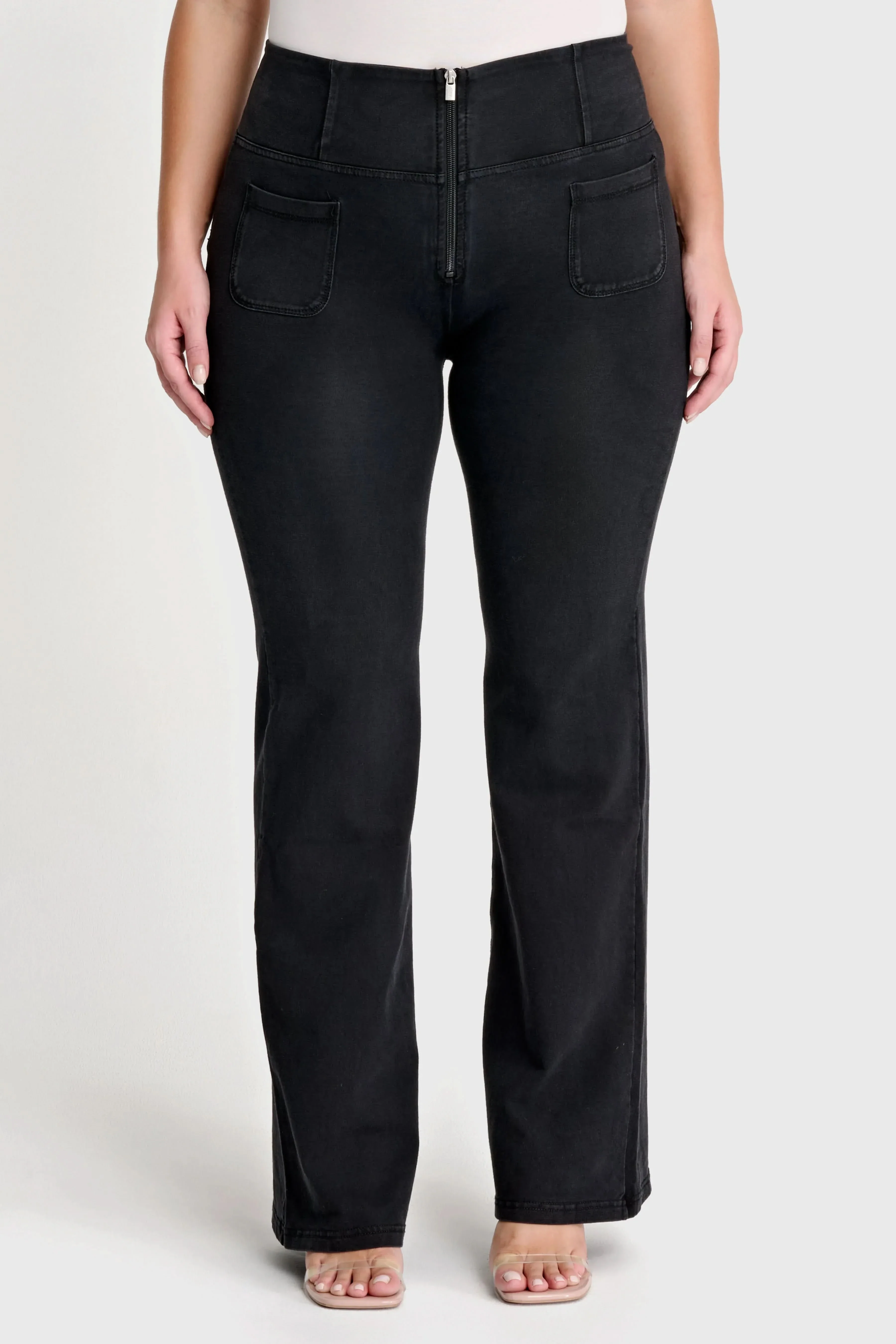 WRUP Denim with Front Pockets - Super High Waisted - Flare - Black + Black Stitching - Image 5