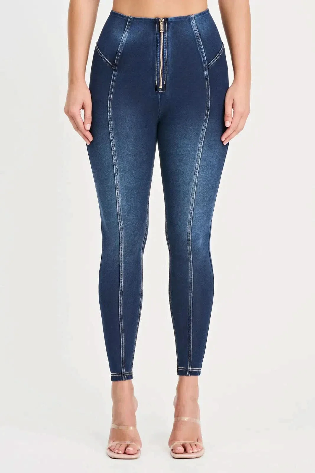 WRUP Denim with Feature Seam - High Waisted - 7/8 Length - Dark Blue + Beige Stitching - Image 4