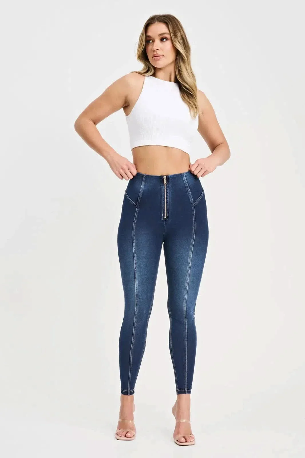 WRUP Denim with Feature Seam - High Waisted - 7/8 Length - Dark Blue + Beige Stitching - Image 6