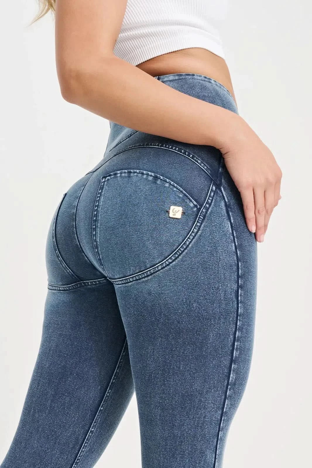 WRUP Denim with Feature Seam - High Waisted - 7/8 Length - Vintage Blue + Blue Stitching - Image 10