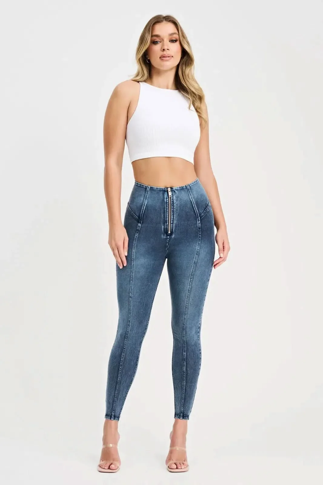 WRUP Denim with Feature Seam - High Waisted - 7/8 Length - Vintage Blue + Blue Stitching - Image 2