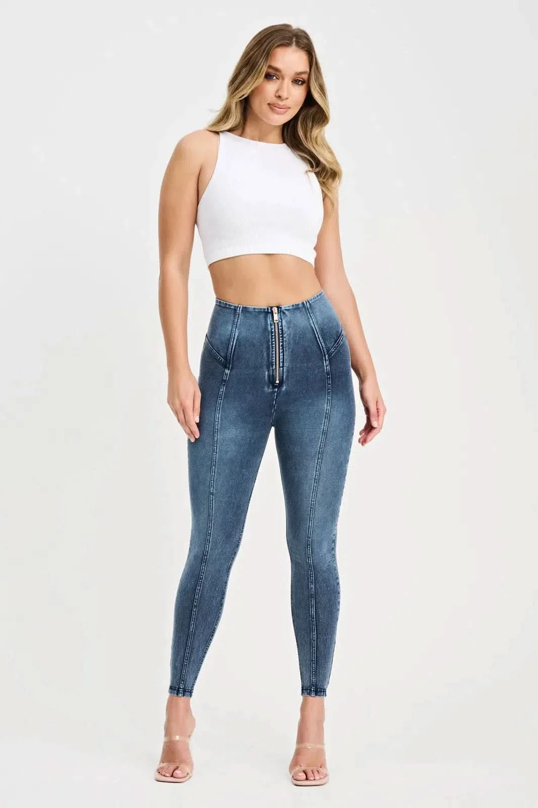 WRUP Denim with Feature Seam - High Waisted - 7/8 Length - Vintage Blue + Blue Stitching - Image 4