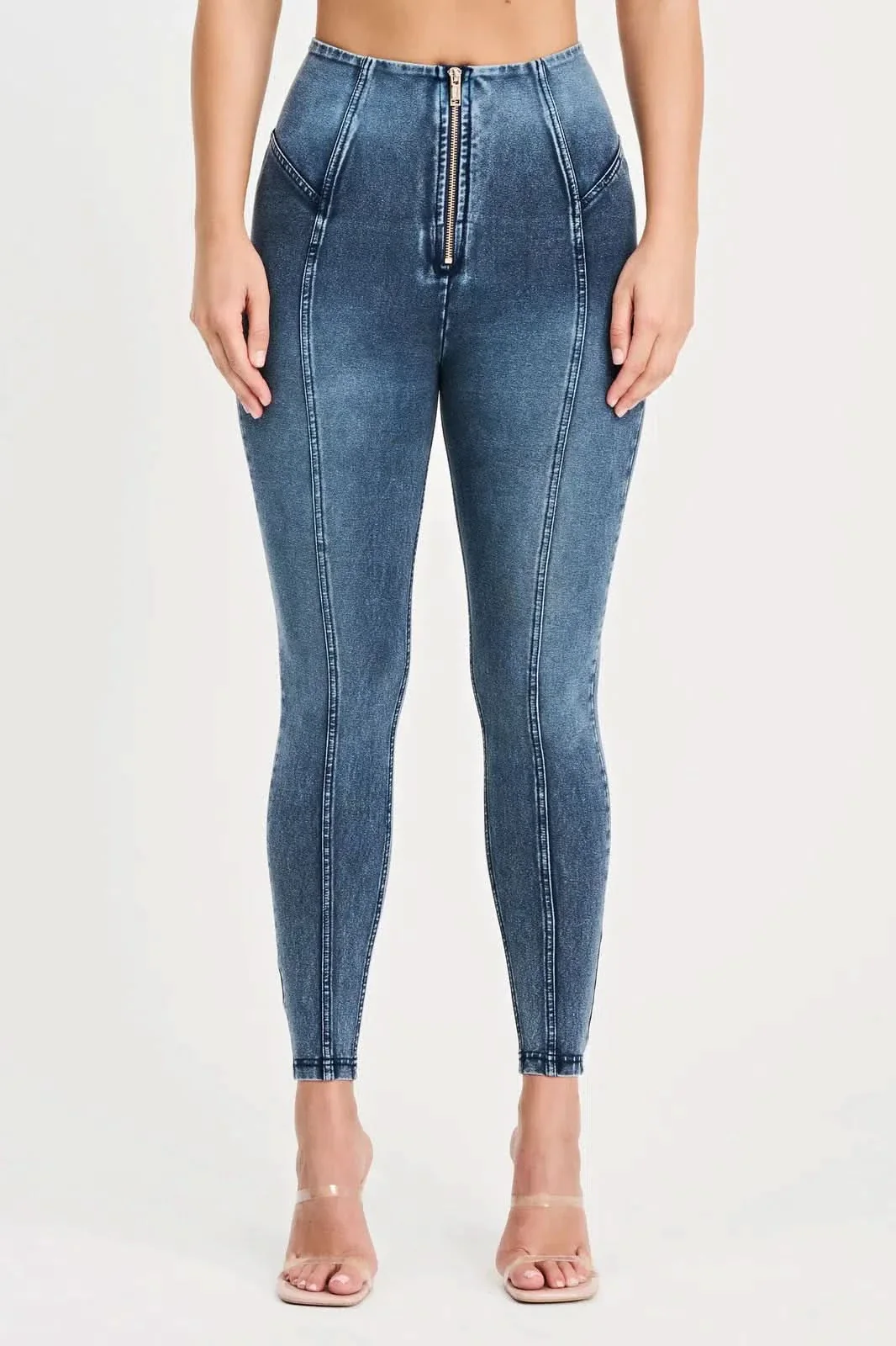 WRUP Denim with Feature Seam - High Waisted - 7/8 Length - Vintage Blue + Blue Stitching - Image 7