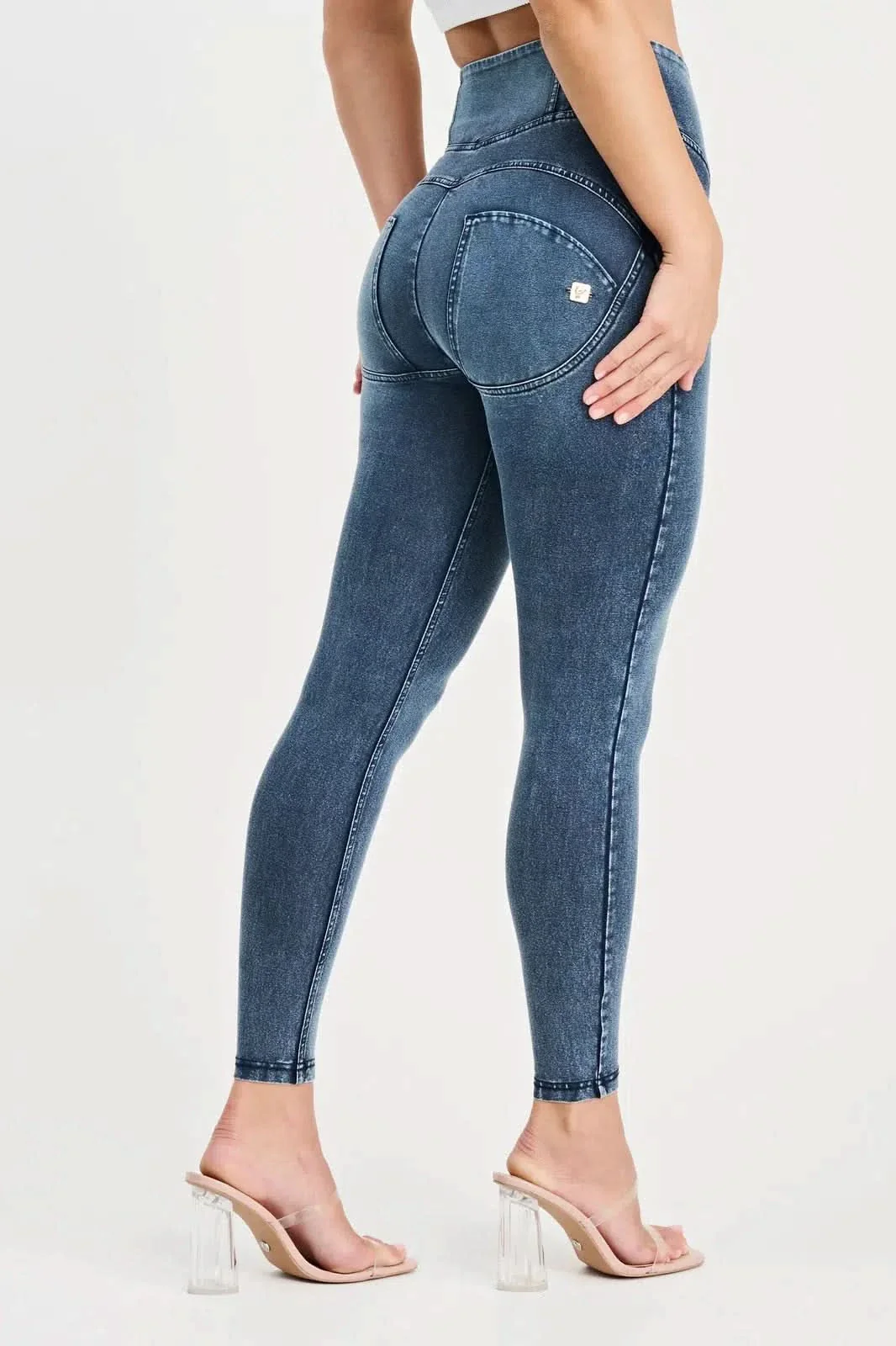 WRUP Denim with Feature Seam - High Waisted - 7/8 Length - Vintage Blue + Blue Stitching - Image 8