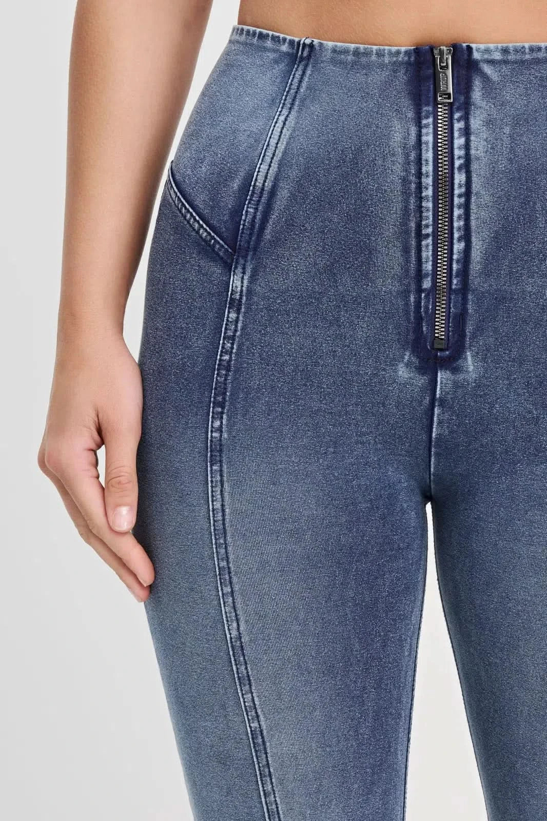 WRUP Denim with Feature Seam - High Waisted - Bell Bottom Flare - Vintage Blue + Blue Stitching - Image 10