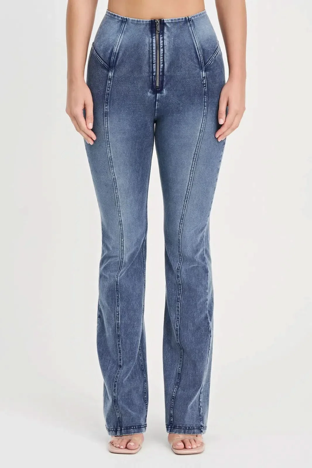 WRUP Denim with Feature Seam - High Waisted - Bell Bottom Flare - Vintage Blue + Blue Stitching - Image 7