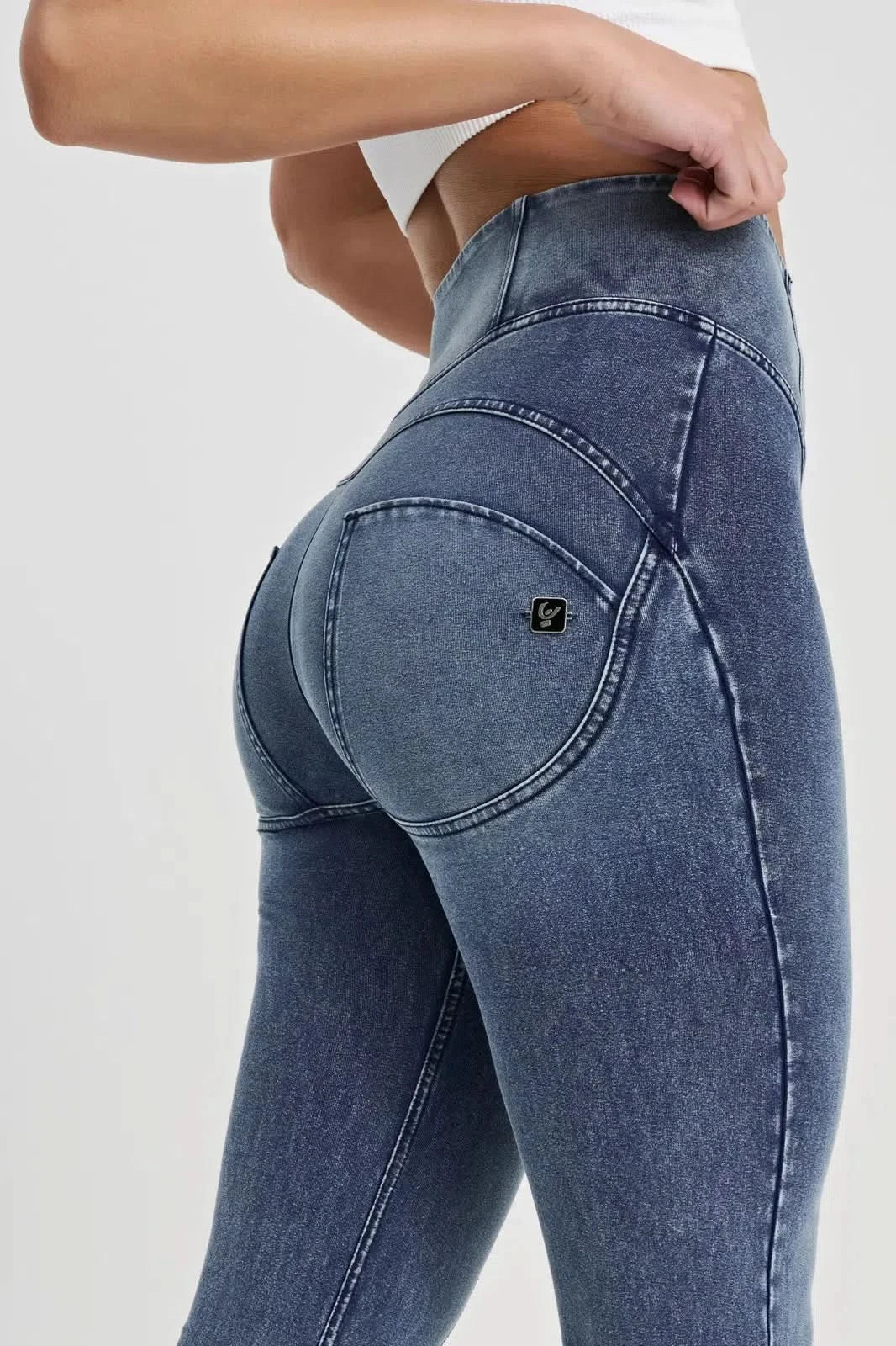 WRUP Denim with Feature Seam - High Waisted - Bell Bottom Flare - Vintage Blue + Blue Stitching - Image 9