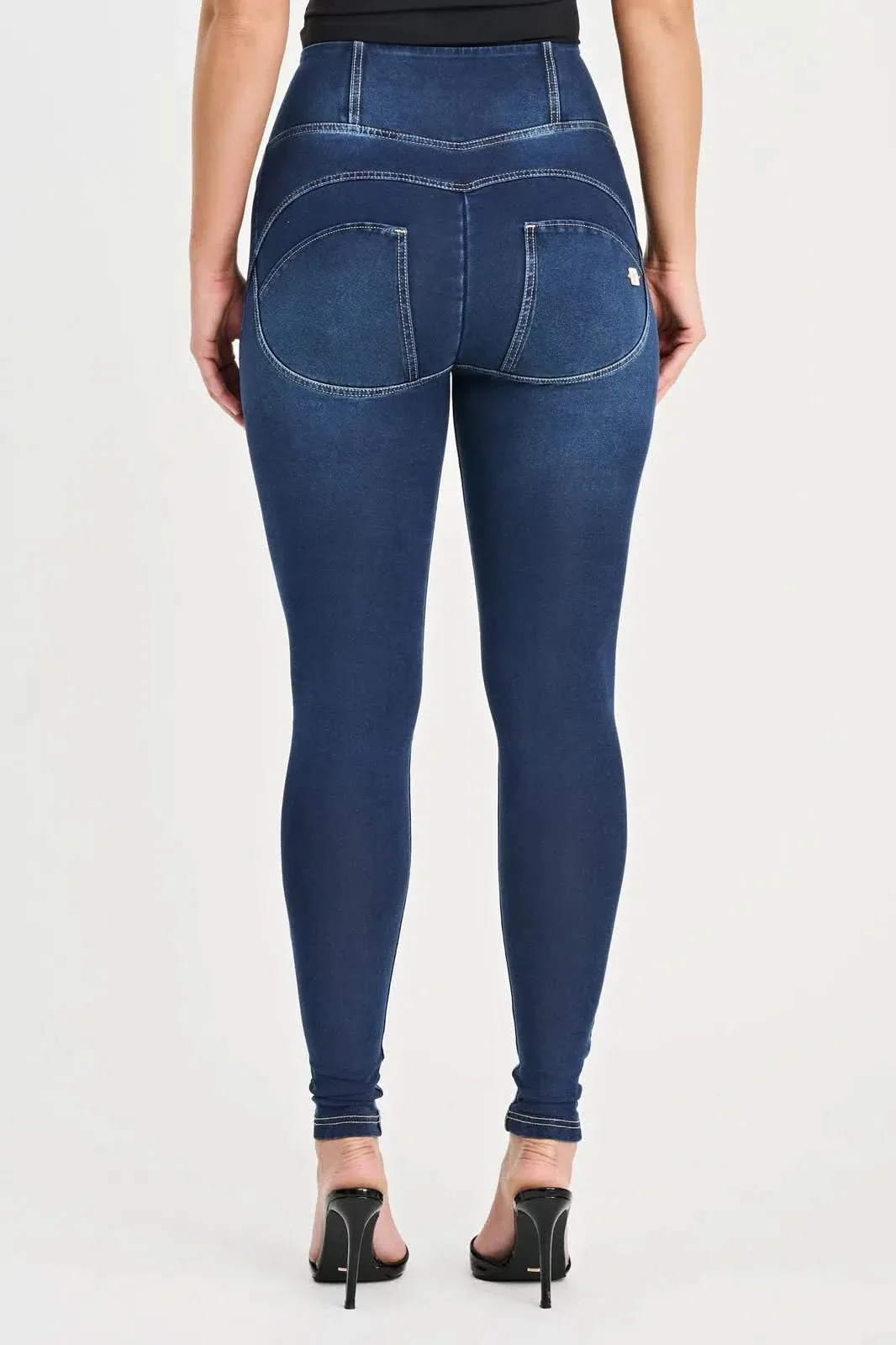 WRUP Denim with Feature Seam - High Waisted - Full Length - Dark Blue + Beige Stitching - Image 5