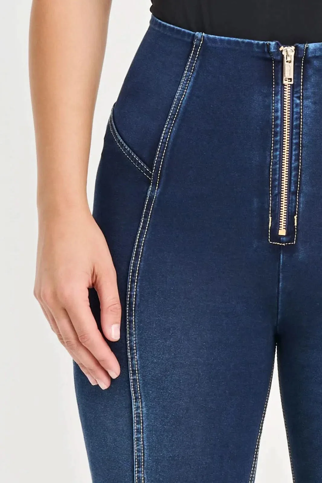 WRUP Denim with Feature Seam - High Waisted - Full Length - Dark Blue + Beige Stitching - Image 6