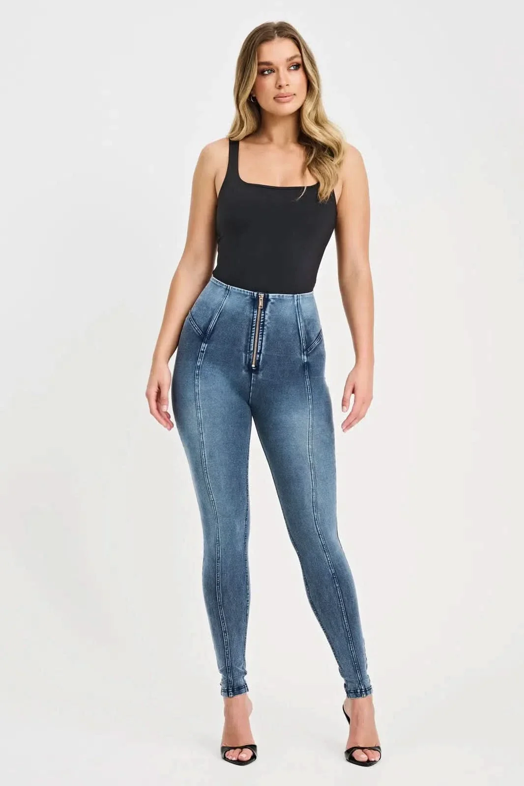 WRUP Denim with Feature Seam - High Waisted - Full Length - Vintage Blue + Blue Stitching - Image 3