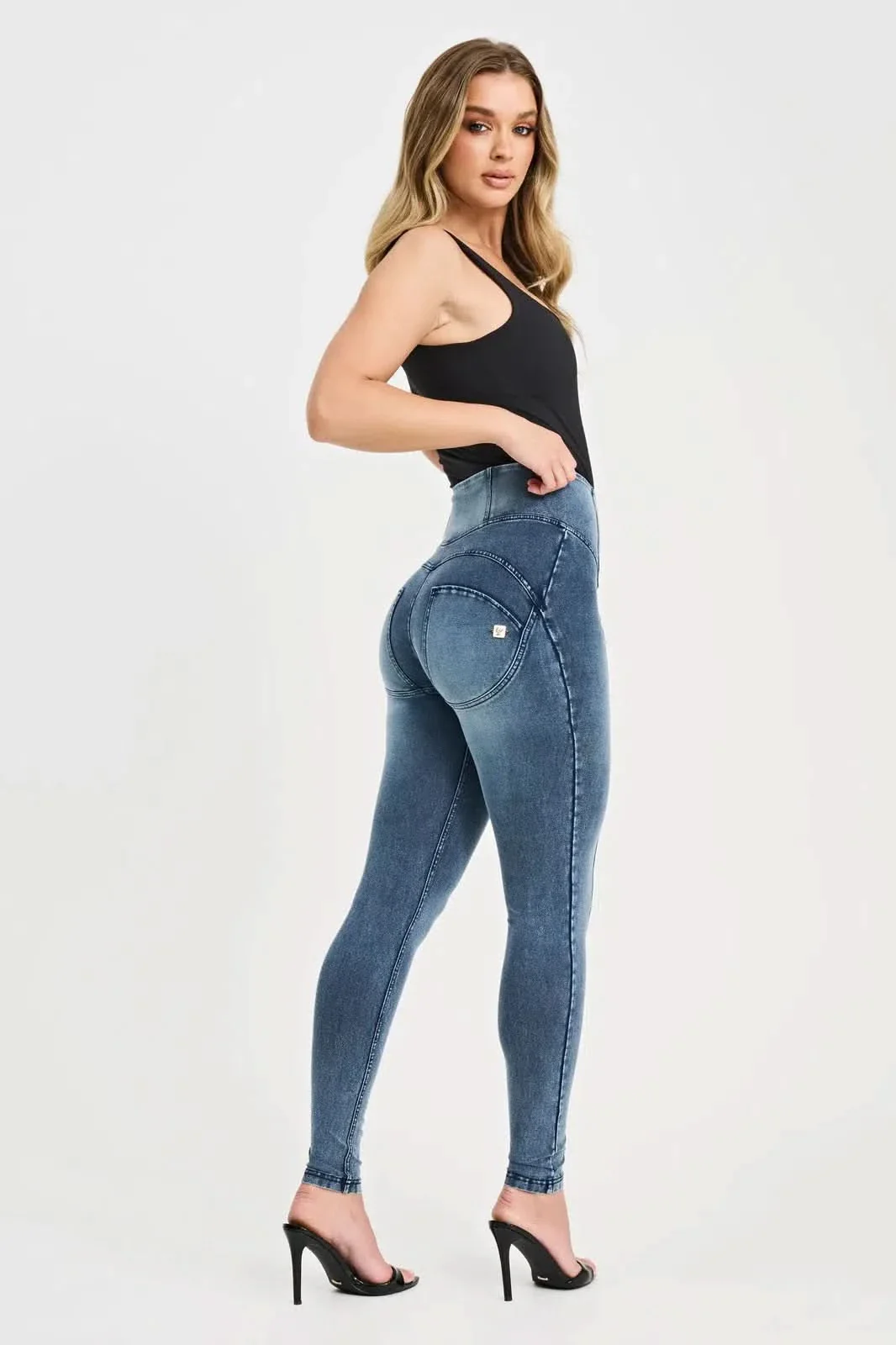 WRUP Denim with Feature Seam - High Waisted - Full Length - Vintage Blue + Blue Stitching - Image 4