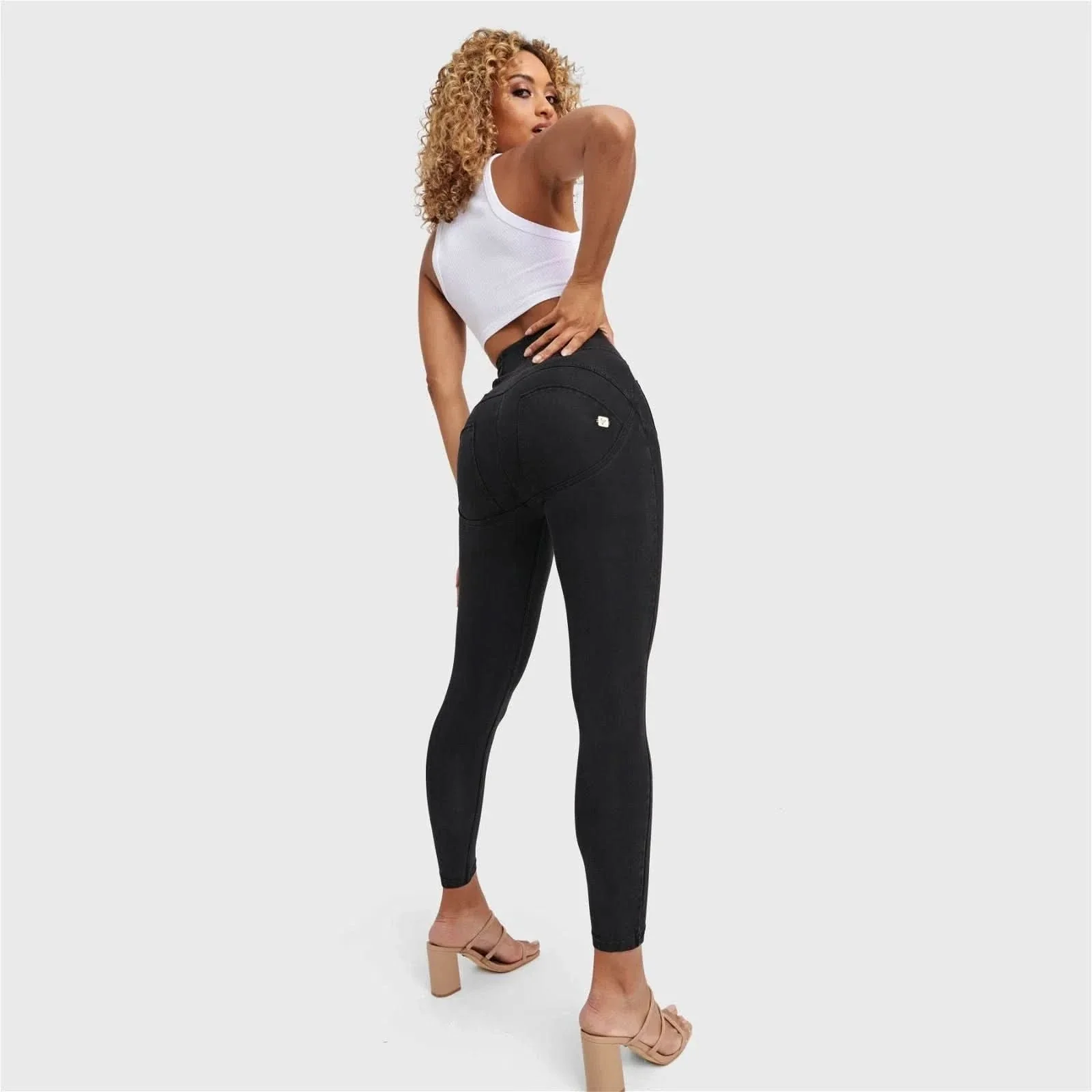 WRUP Denim With Front Pockets - Super High Waisted - 7/8 Length - Black + Black Stitching - Image 9