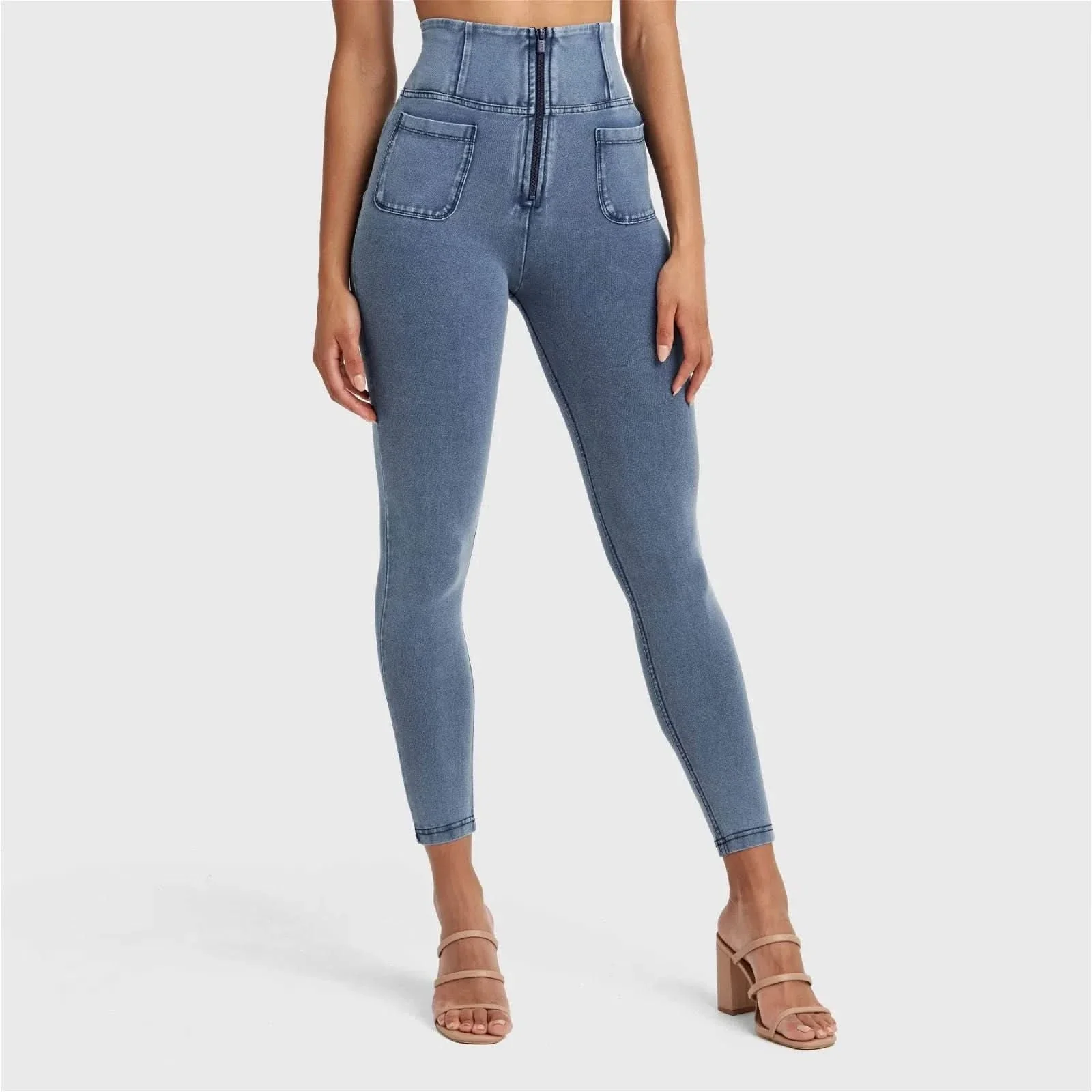 WRUP Denim With Front Pockets - Super High Waisted - 7/8 Length - Light Blue + Blue Stitching - Image 4