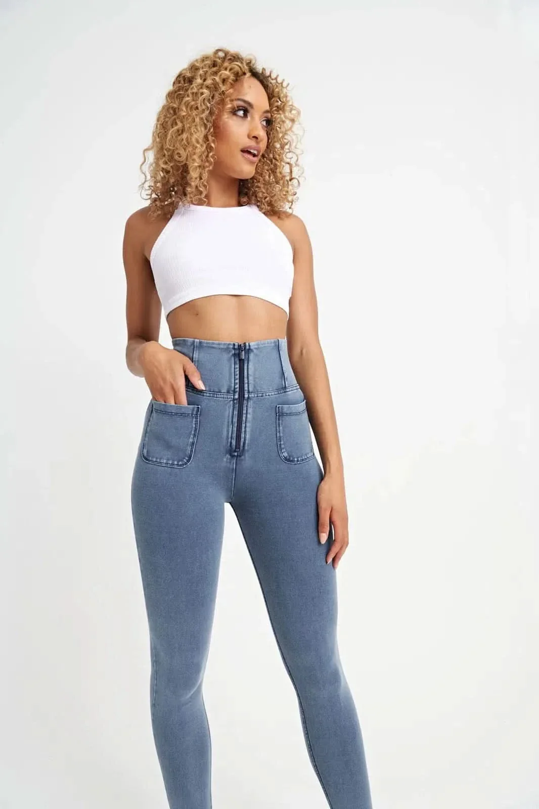 WRUP Denim With Front Pockets - Super High Waisted - 7/8 Length - Light Blue + Blue Stitching - Image 6