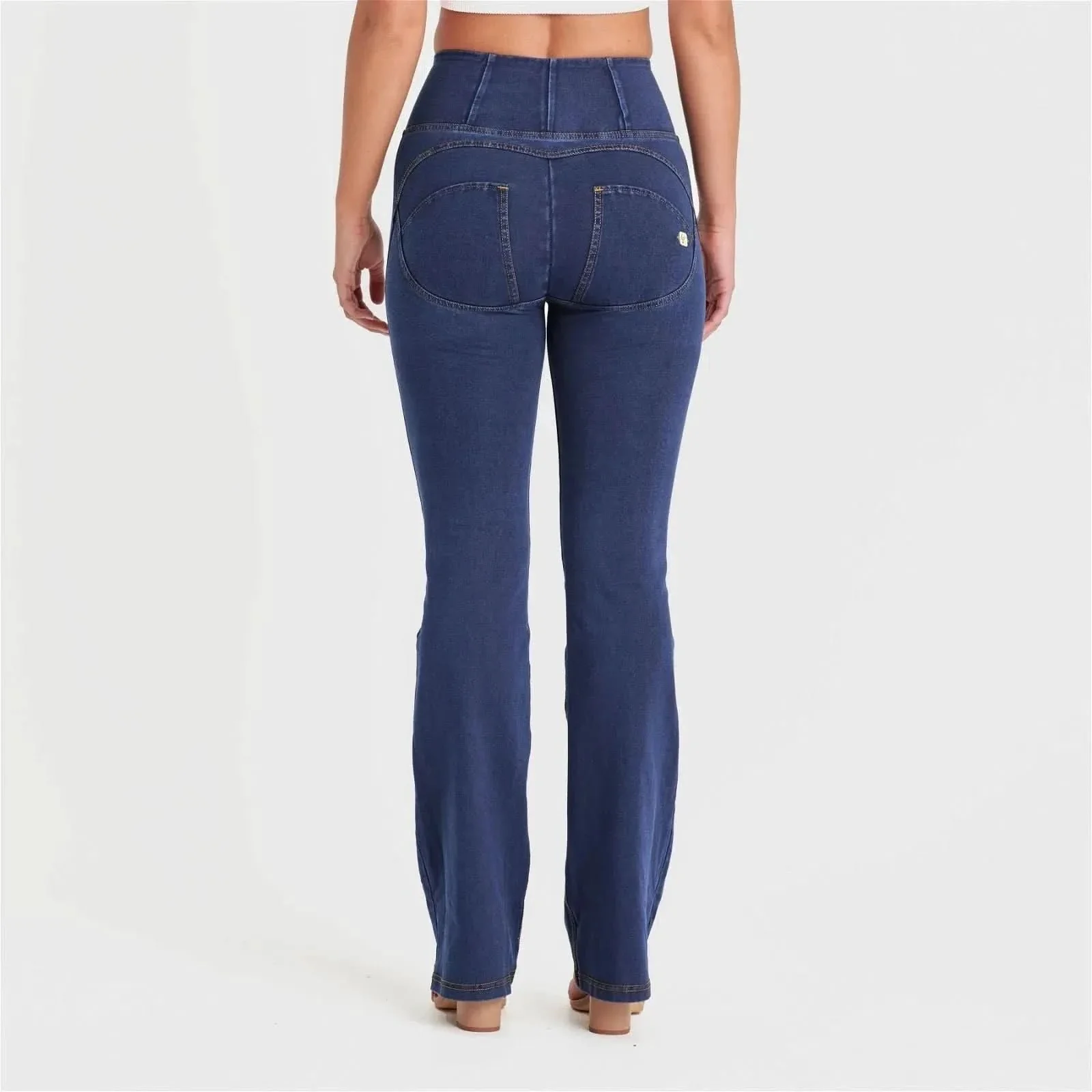 WRUP Denim with Front Pockets - Super High Waisted - Flare - Dark Blue + Yellow Stitching - Image 3