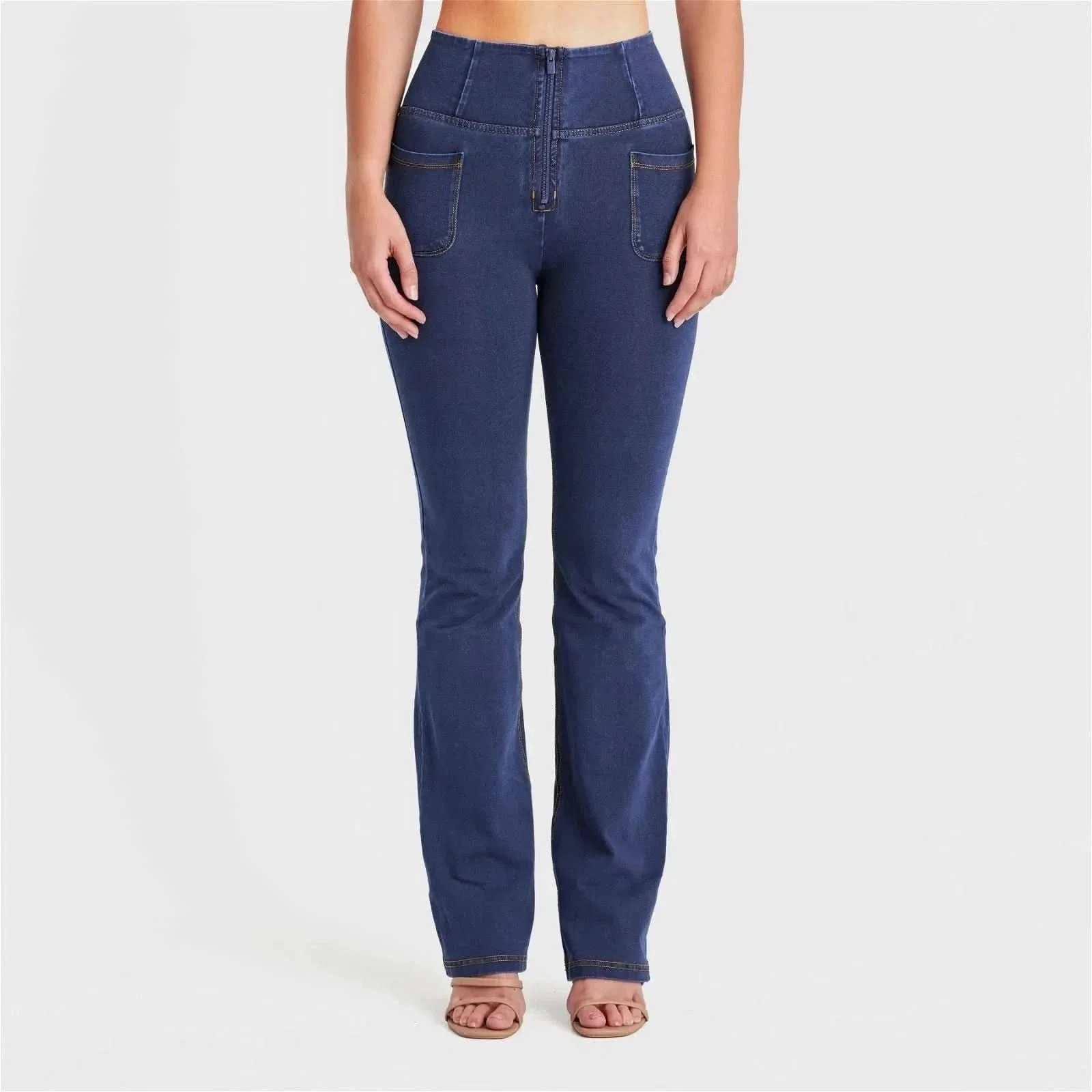 WRUP Denim with Front Pockets - Super High Waisted - Flare - Dark Blue + Yellow Stitching - Image 4