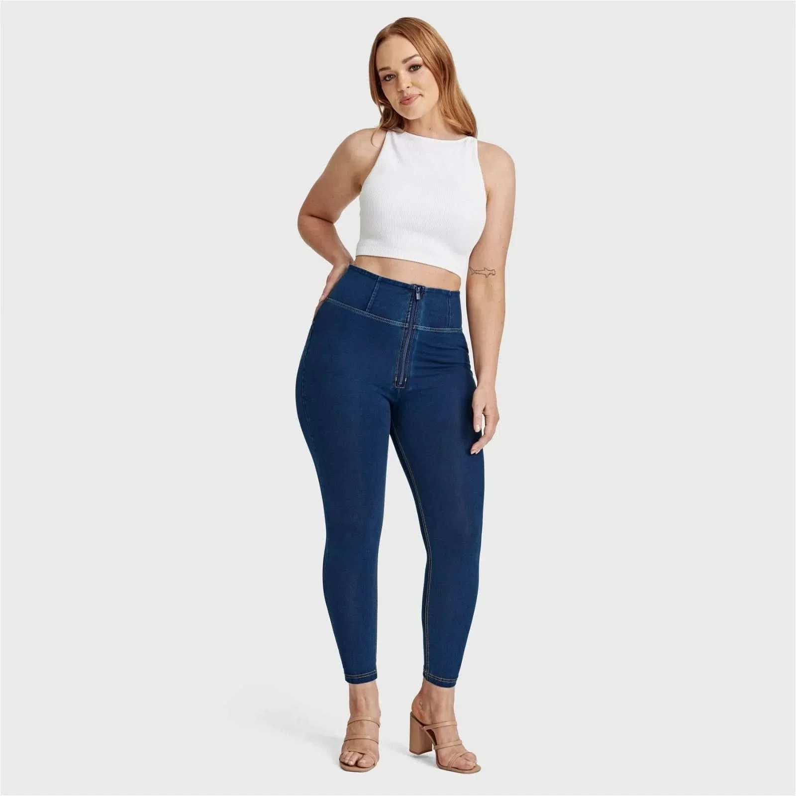 WRUP Curvy Denim - Zip High Waisted - 7/8 Length - Dark Blue + Yellow Stitching - Image 5