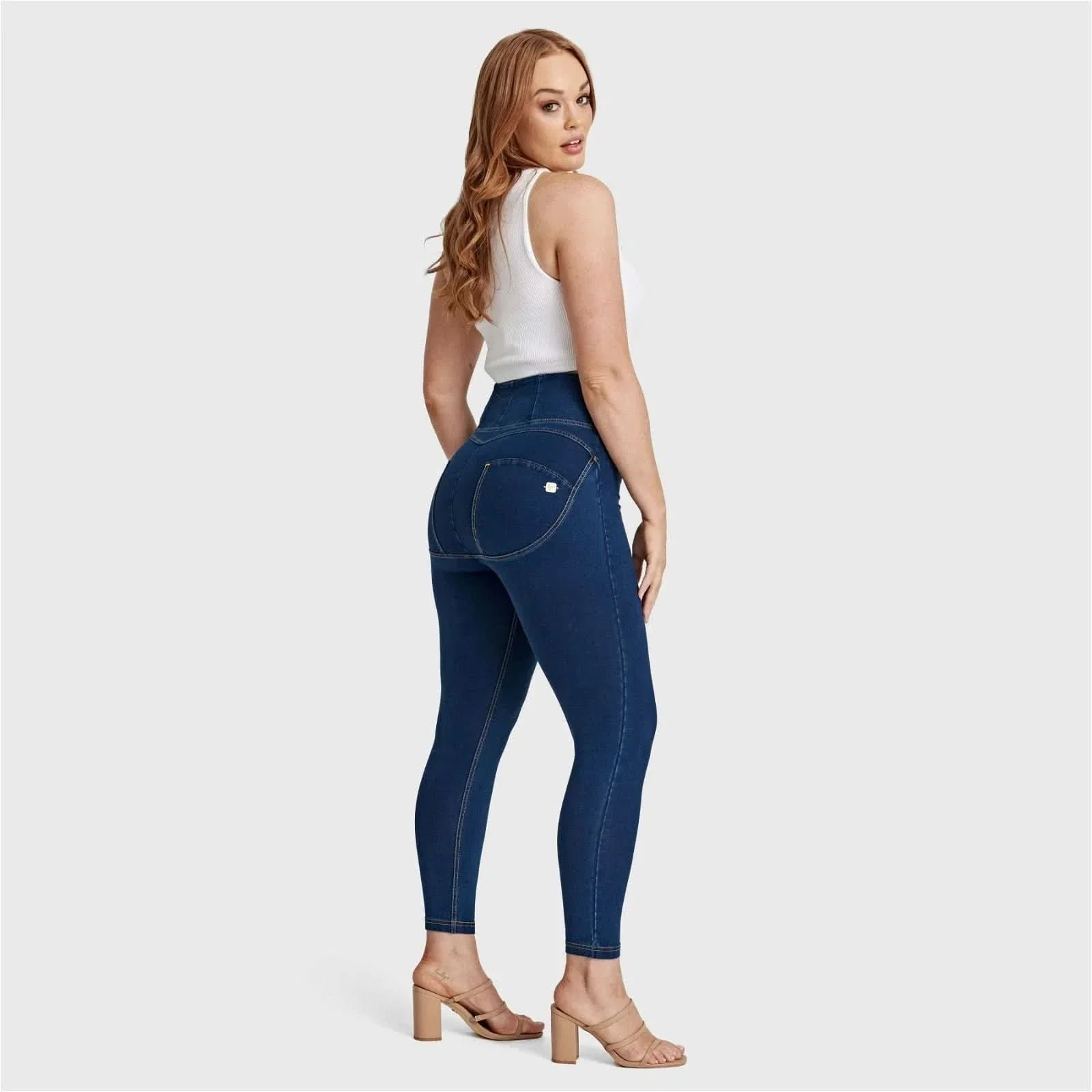 WRUP Curvy Denim - Zip High Waisted - 7/8 Length - Dark Blue + Yellow Stitching - Image 6