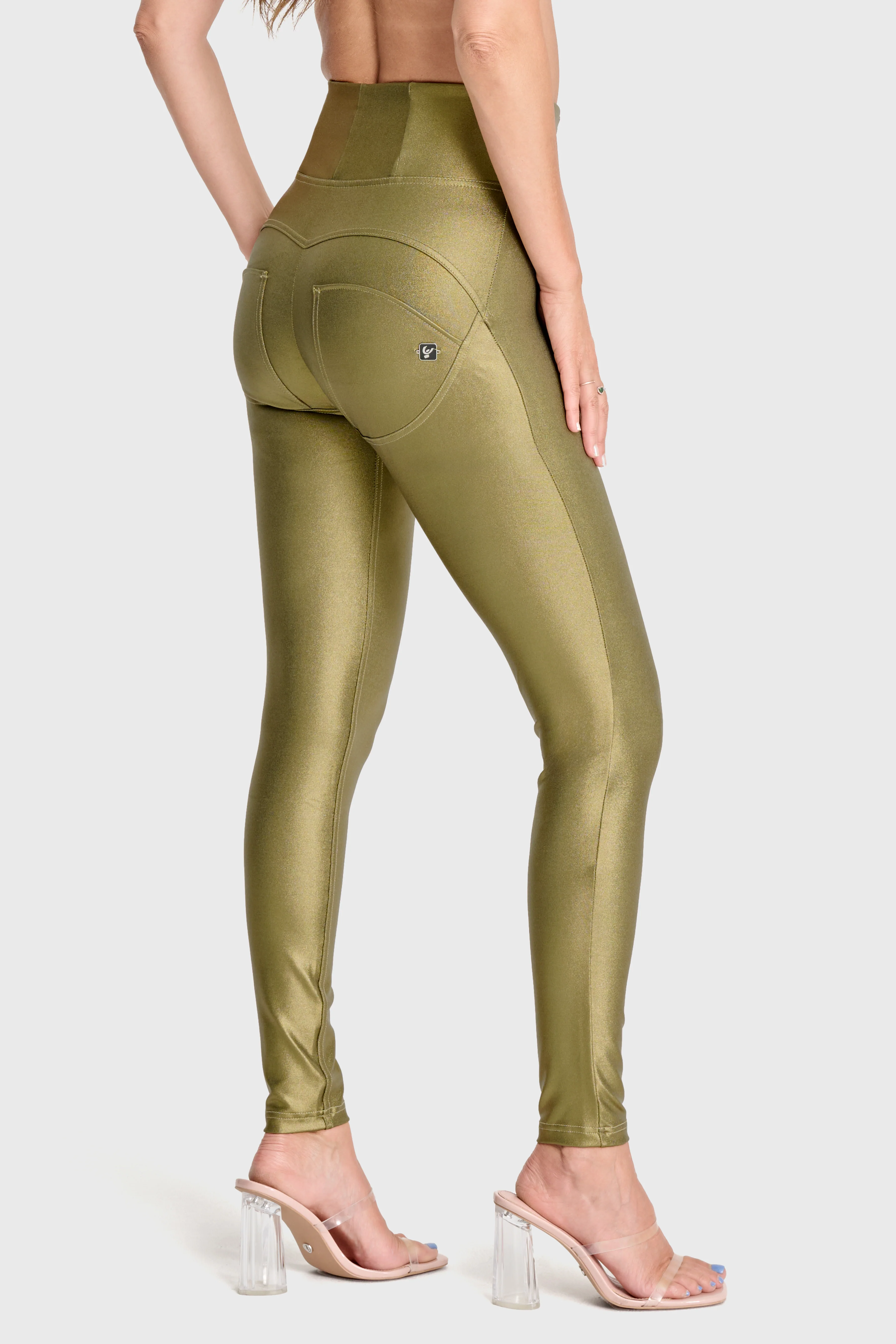 WRUP Luxe Shimmer Pants - Super High Waisted - Full Length - Olive Green - Image 3