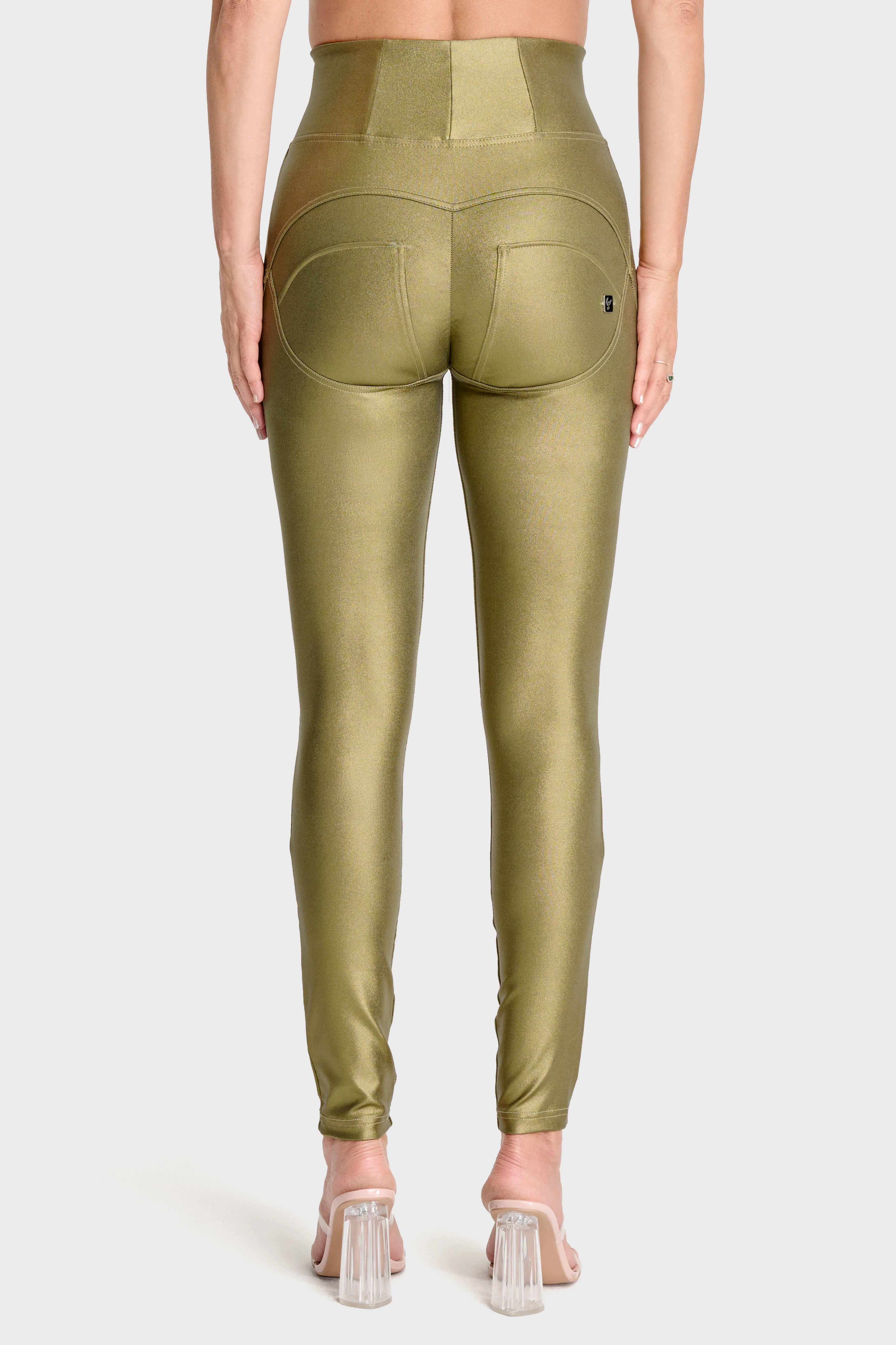 WRUP Luxe Shimmer Pants - Super High Waisted - Full Length - Olive Green - Image 4