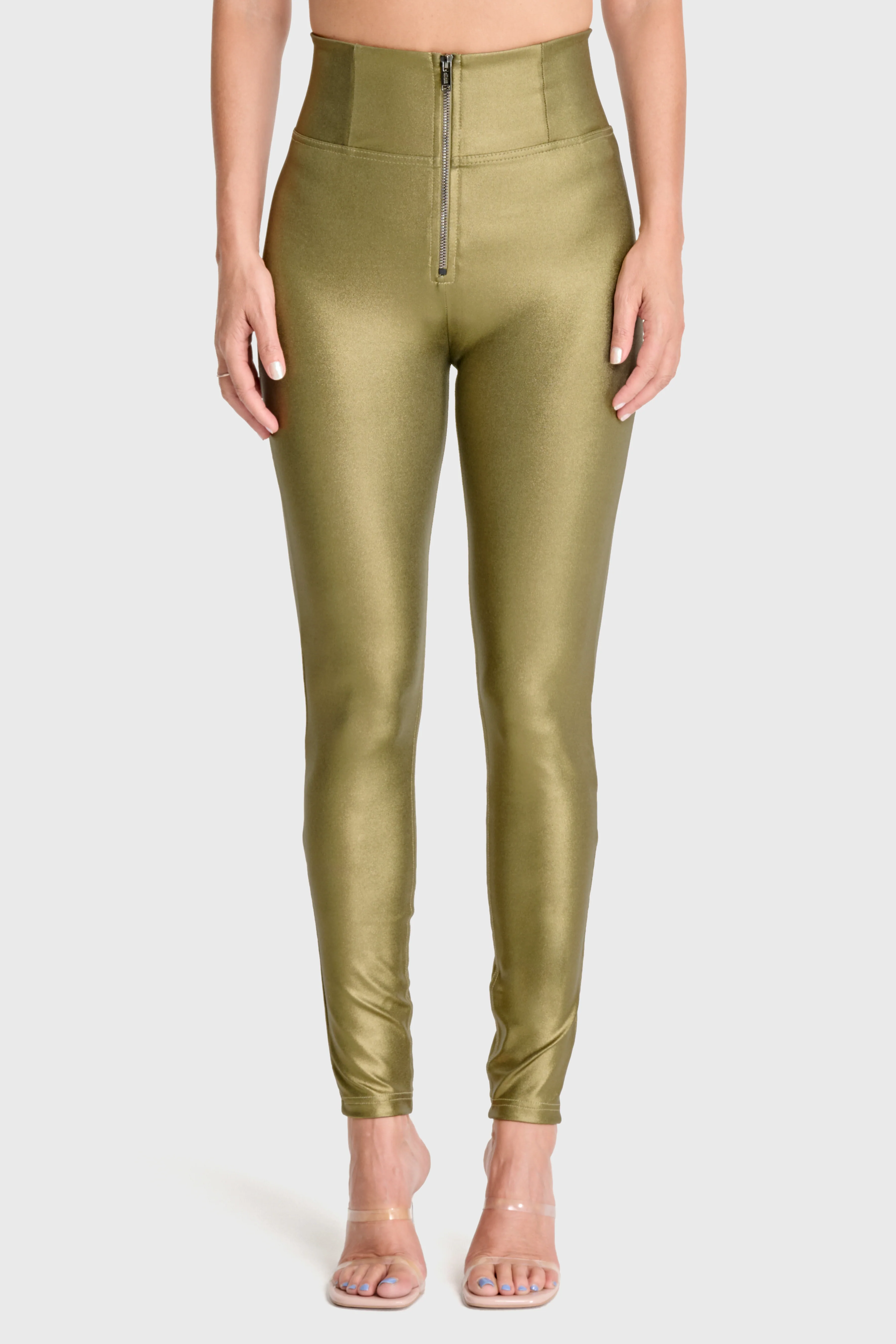 WRUP Luxe Shimmer Pants - Super High Waisted - Full Length - Olive Green - Image 5