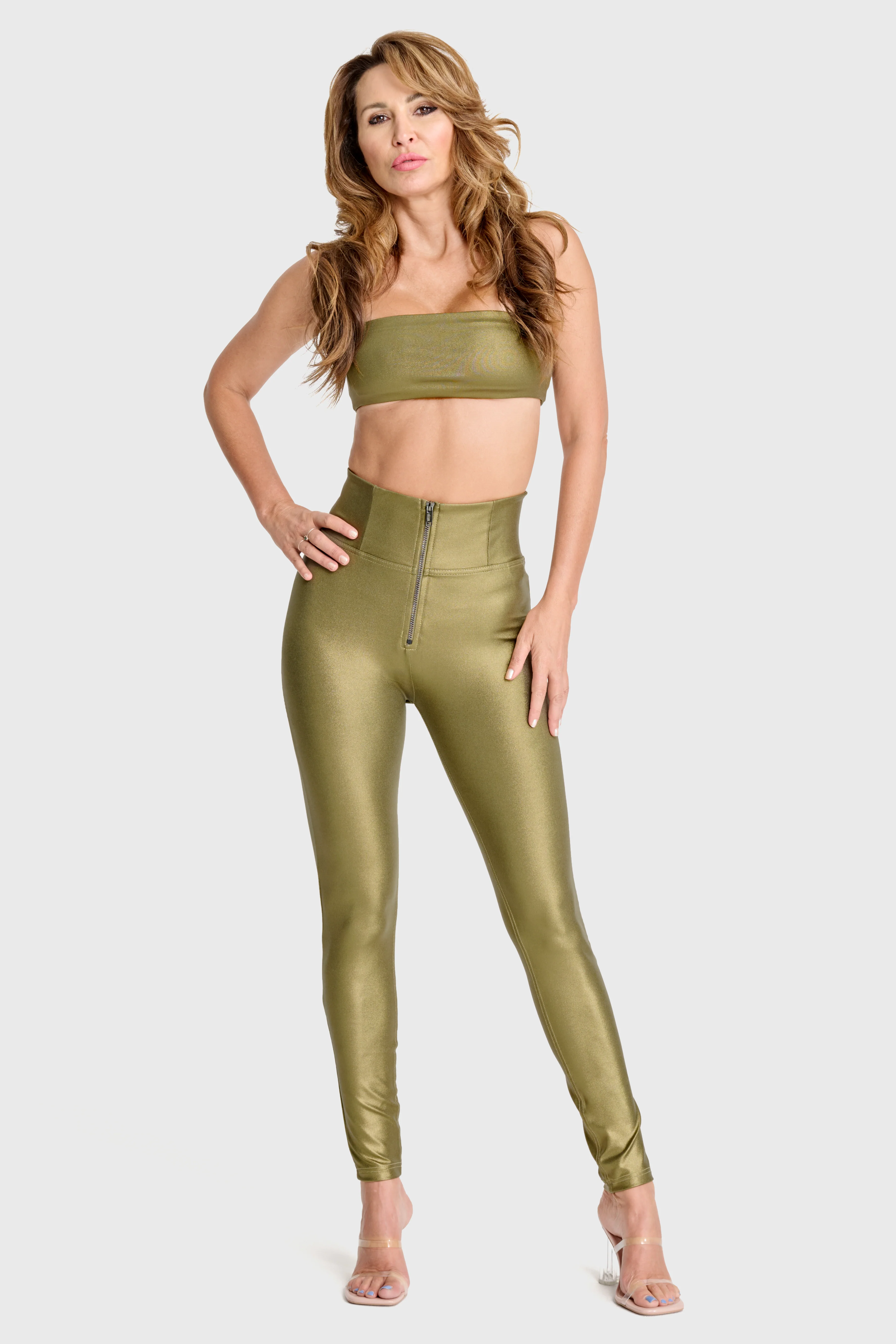 WRUP Luxe Shimmer Pants - Super High Waisted - Full Length - Olive Green - Image 6