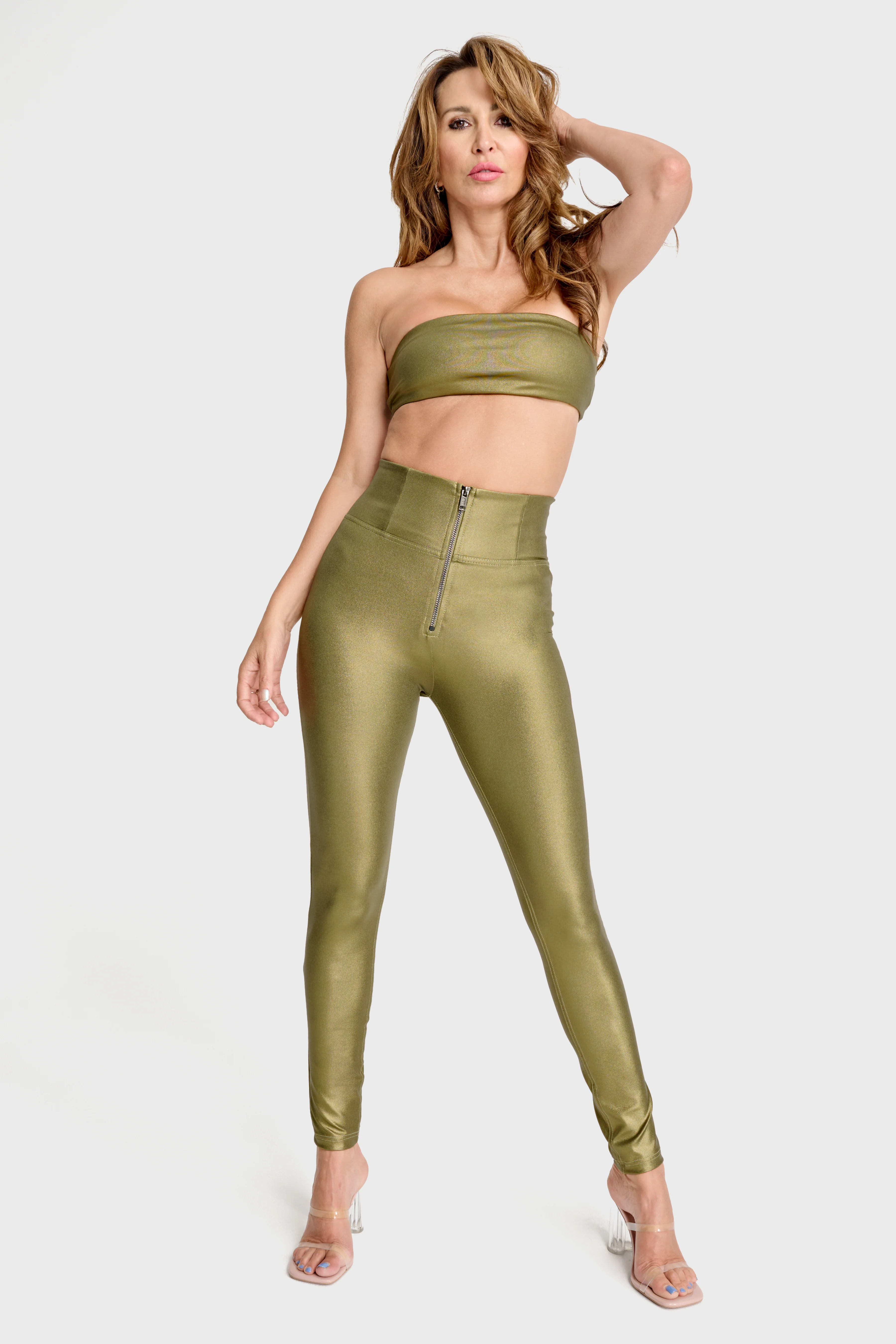 WRUP Luxe Shimmer Pants - Super High Waisted - Full Length - Olive Green - Image 7