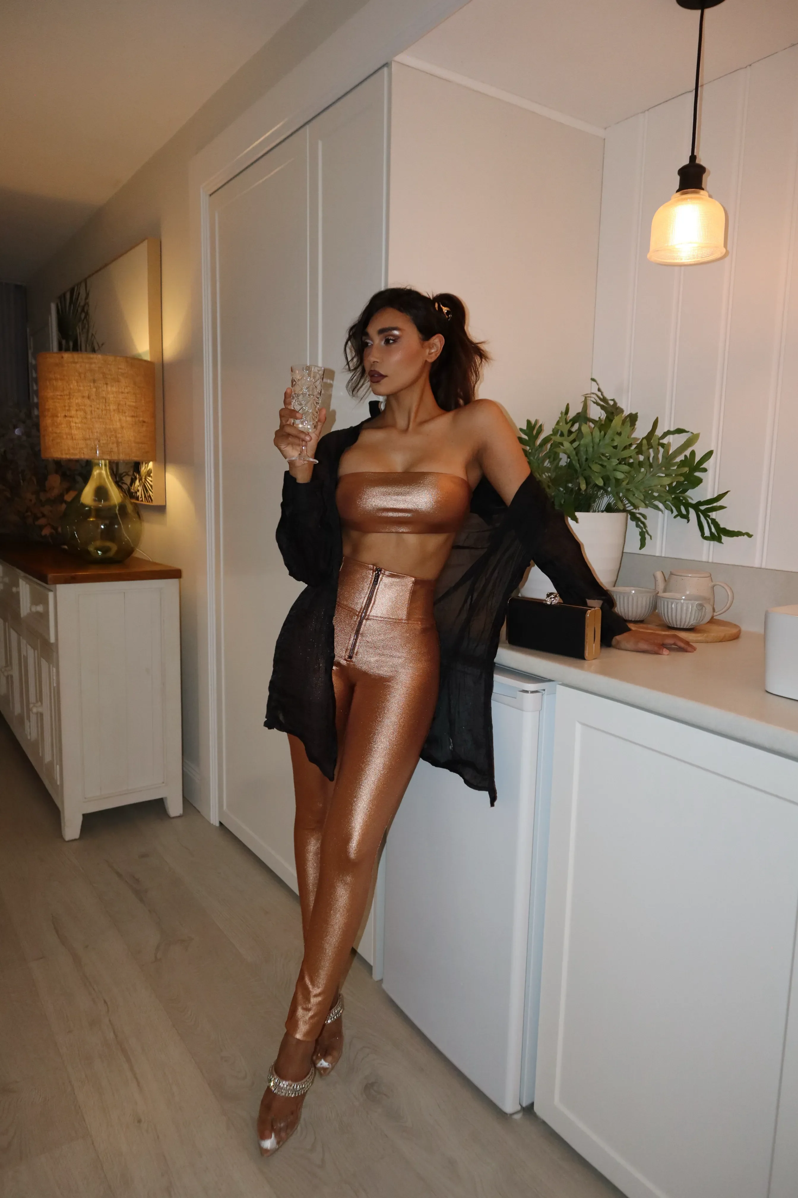 WRUP Luxe Shimmer Pants - Super High Waisted - Full Length - Rose Gold
