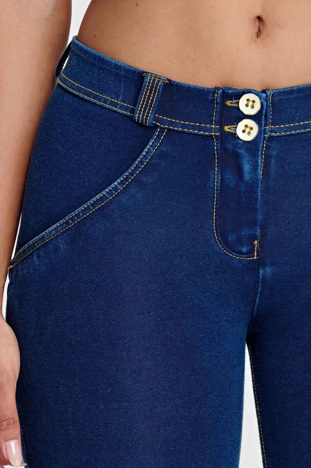 WRUP Denim - Mid Rise - 7/8 Length - Dark Blue + Yellow Stitching - Image 10