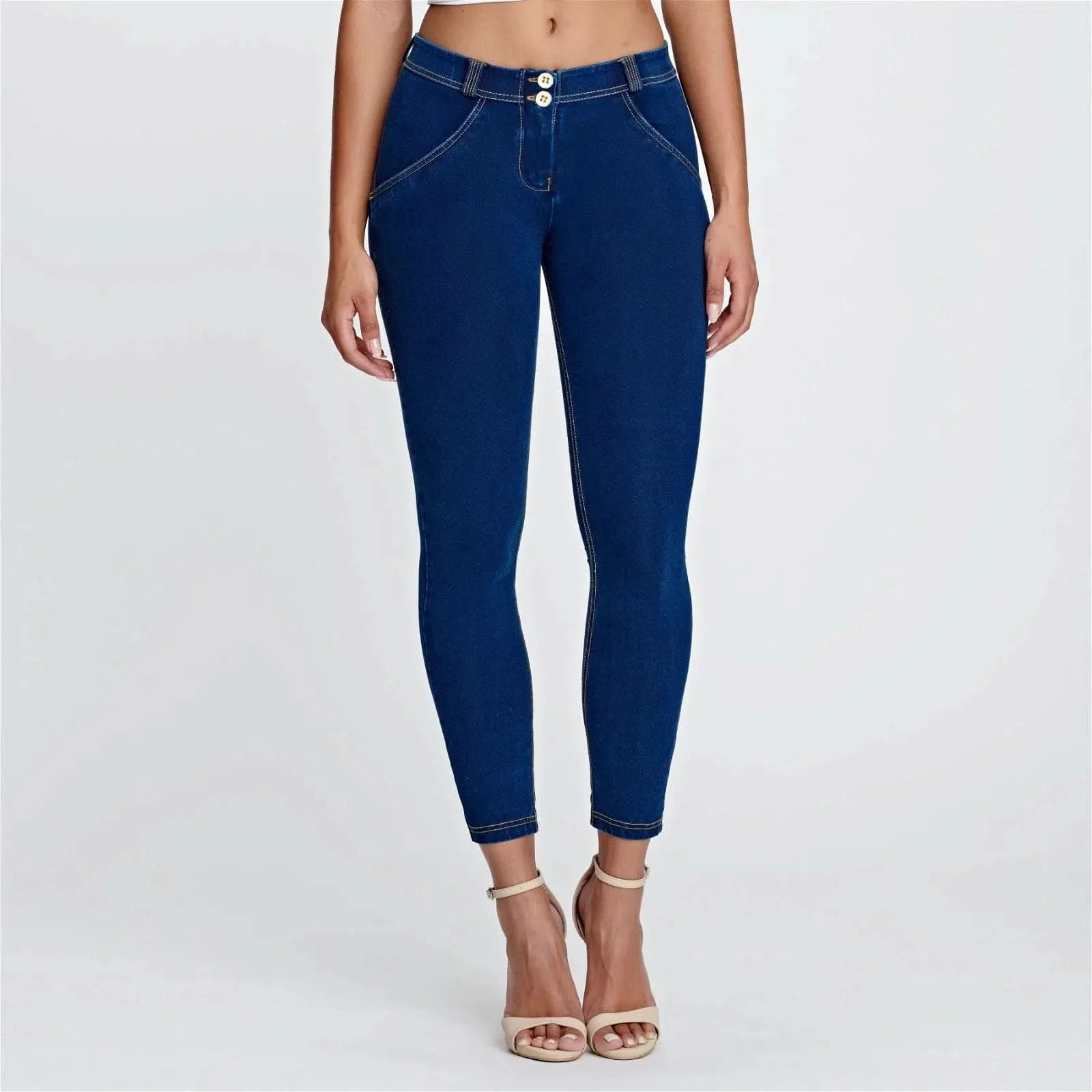 WRUP Denim - Mid Rise - 7/8 Length - Dark Blue + Yellow Stitching - Image 2