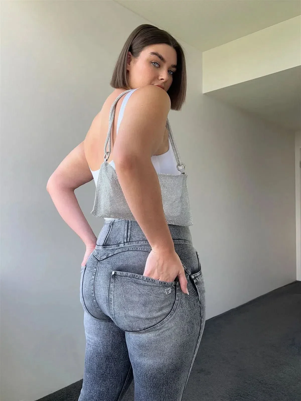 WRUP SNUG Curvy Ripped Jeans - High Waisted - Full Length - Grey Stonewash + Grey Stitching - Image 5