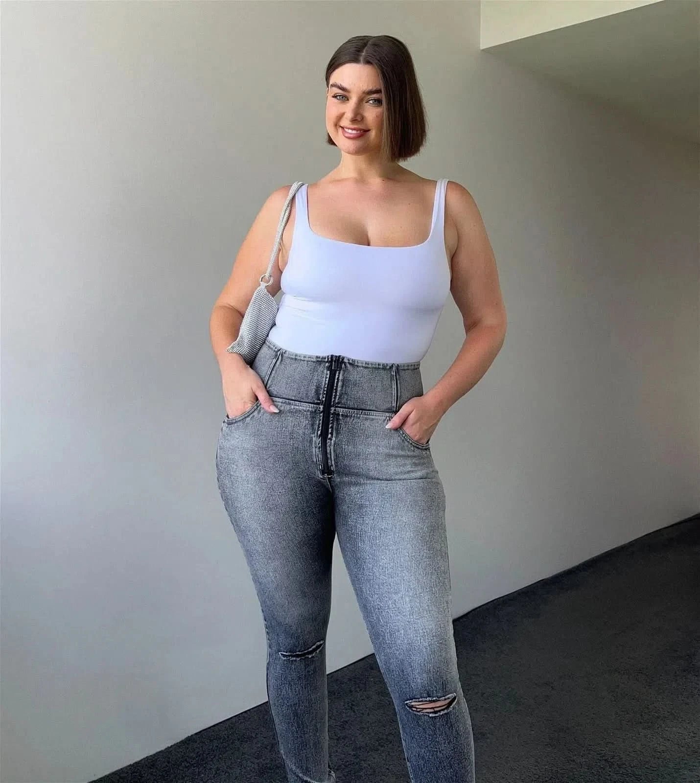 WRUP SNUG Curvy Ripped Jeans - High Waisted - Full Length - Grey Stonewash + Grey Stitching - Image 7