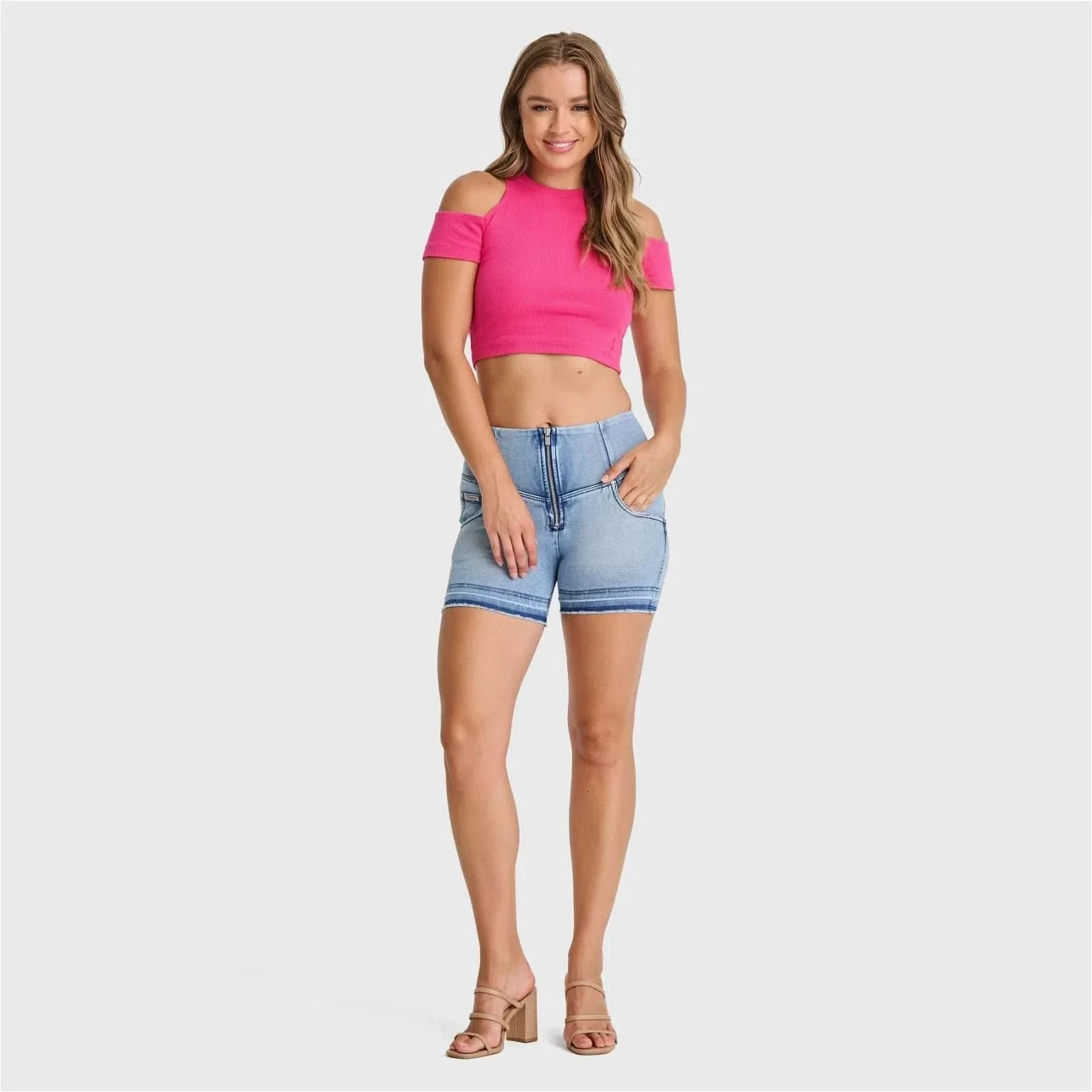 WRUP SNUG Jeans - High Waisted - Shorts - Light Blue + Blue Stitching - Image 5