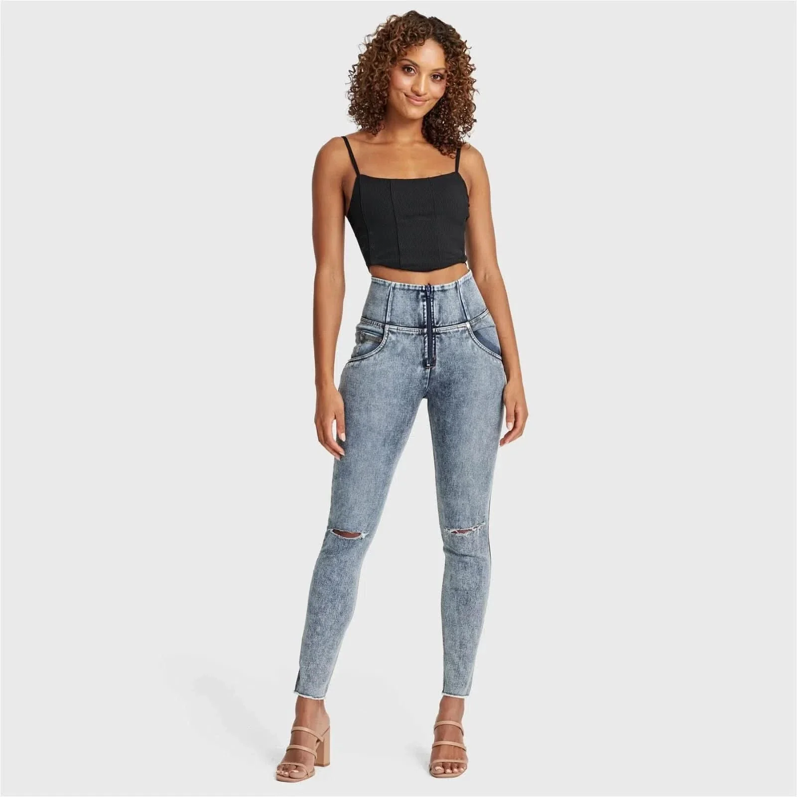 WRUP SNUG Ripped Jeans - High Waisted - Full Length - Blue Stonewash + Yellow Stitching - Image 4