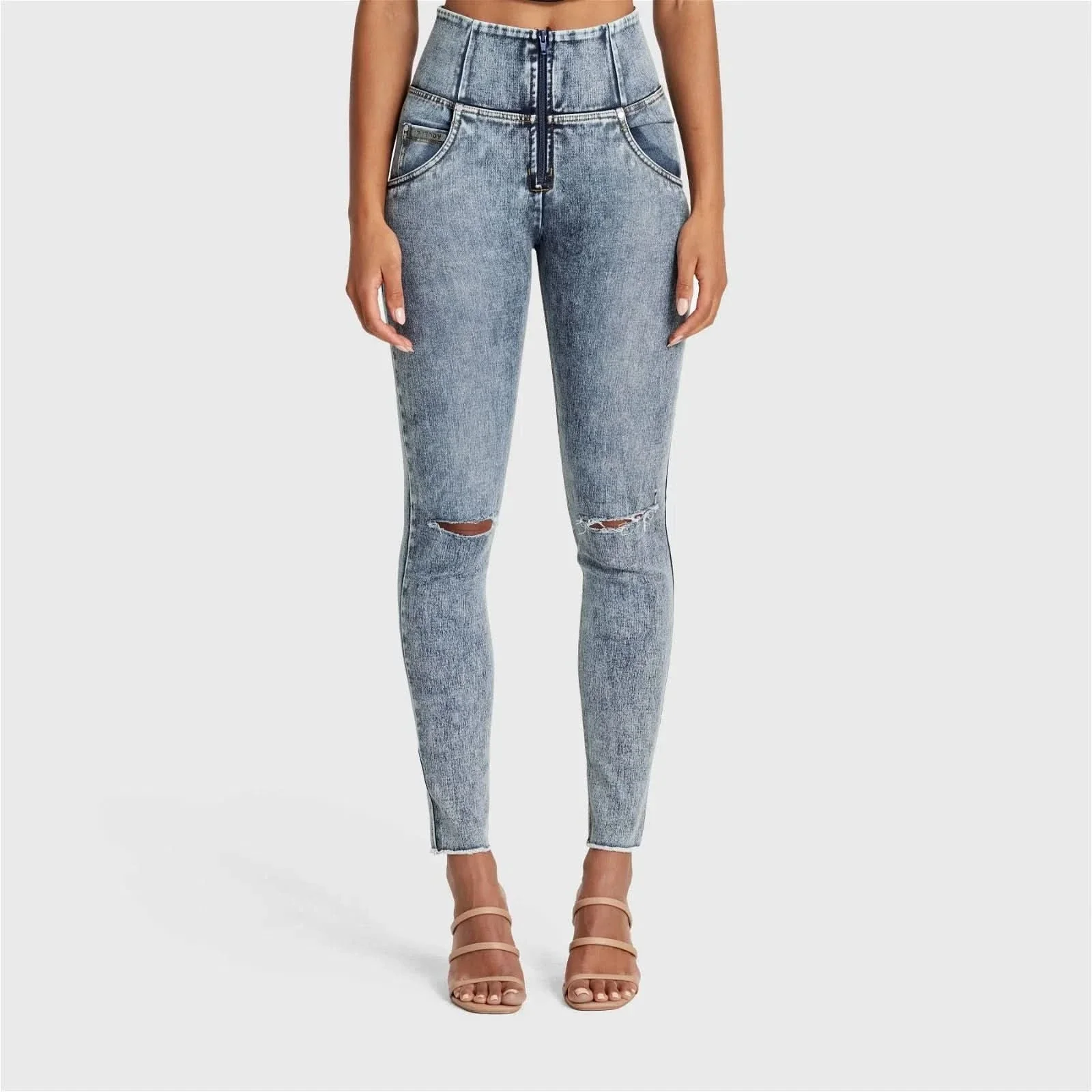 WRUP SNUG Ripped Jeans - High Waisted - Full Length - Blue Stonewash + Yellow Stitching - Image 5