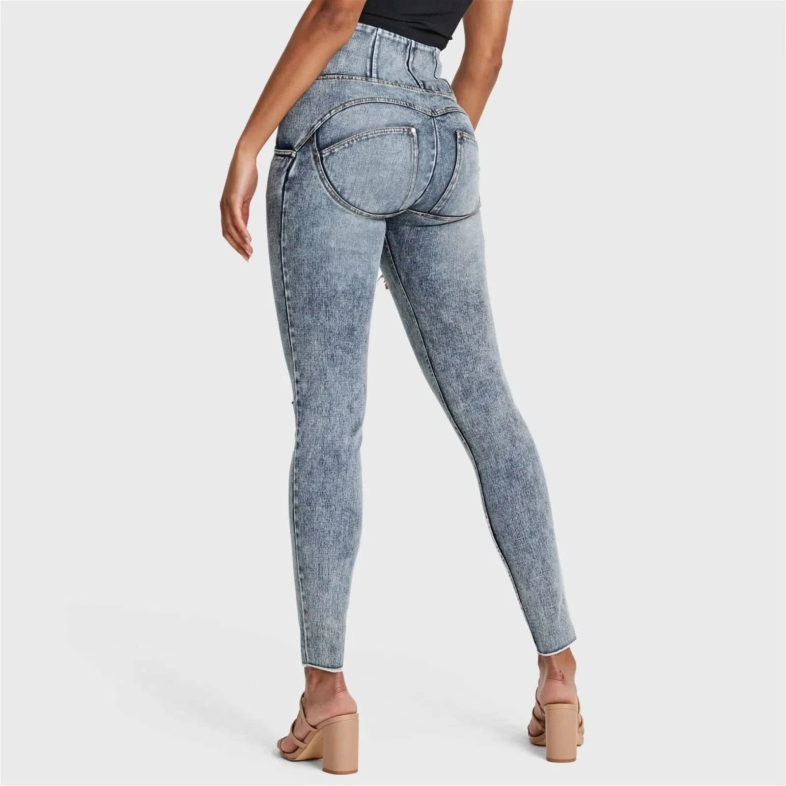 WRUP SNUG Ripped Jeans - High Waisted - Full Length - Blue Stonewash + Yellow Stitching - Image 6