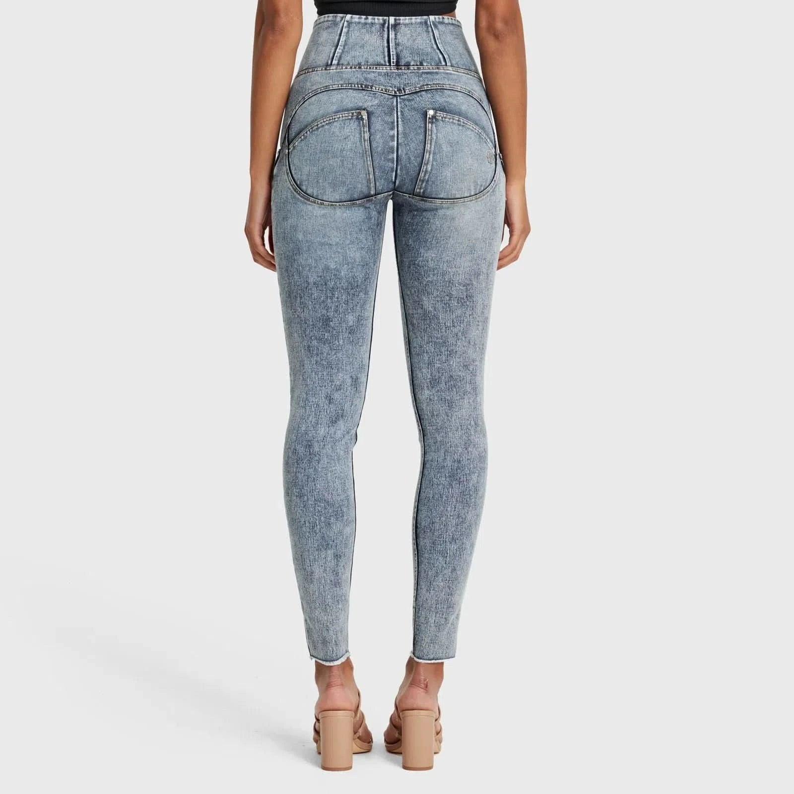 WRUP SNUG Ripped Jeans - High Waisted - Full Length - Blue Stonewash + Yellow Stitching - Image 7